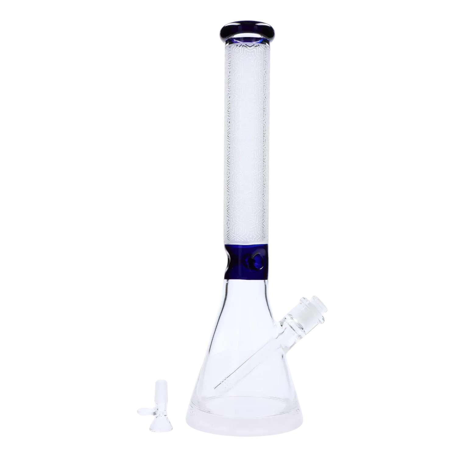 Front view of the Frosted Engraved Bong - 17 in. showing a tall frosted patterned neck with a blue collar and clear beaker base against a white background