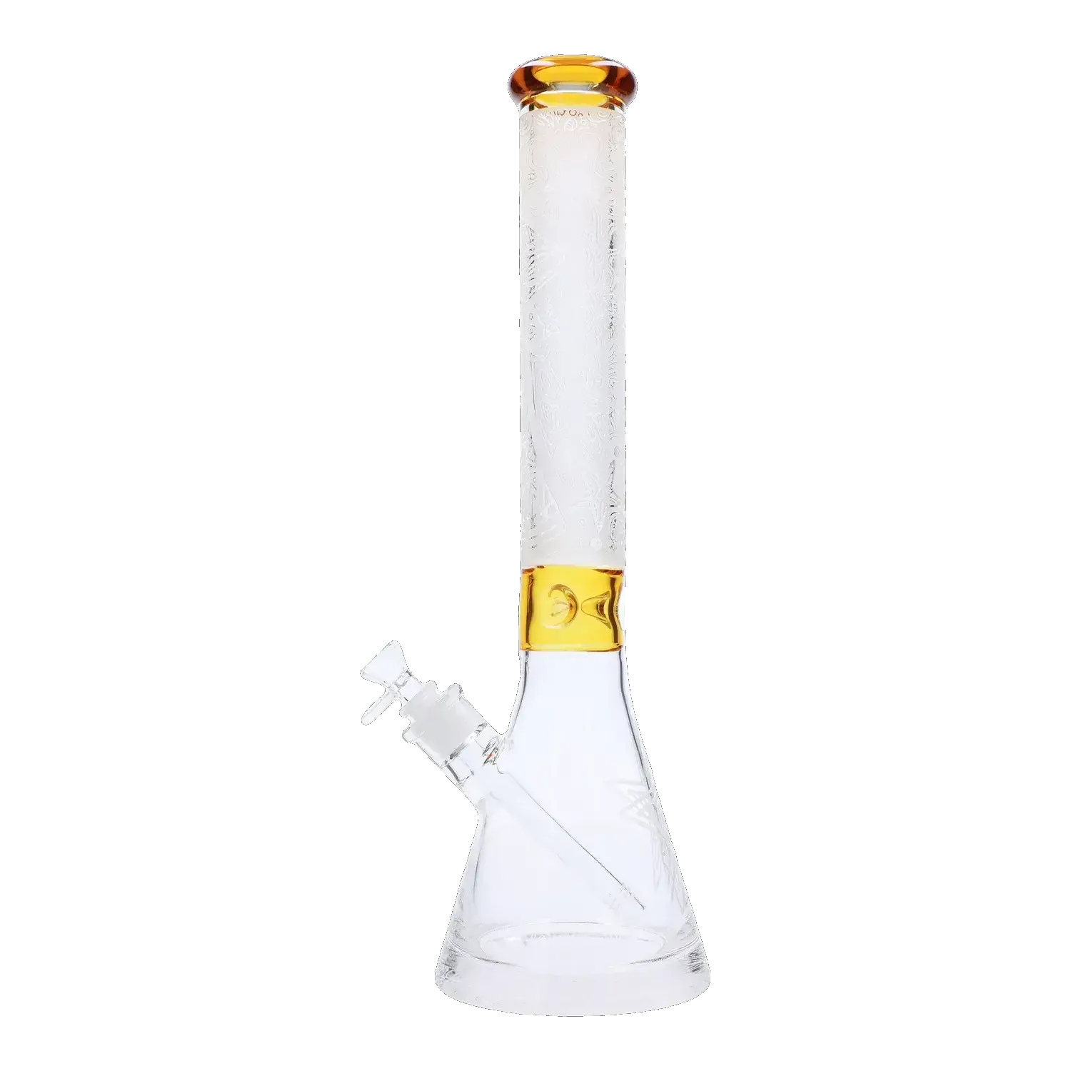 Straight-on studio view of the Frosted Engraved Bong - 17 in. showing its tall frosted tube with subtle etched patterns and yellow-accented mouthpiece and joint.
