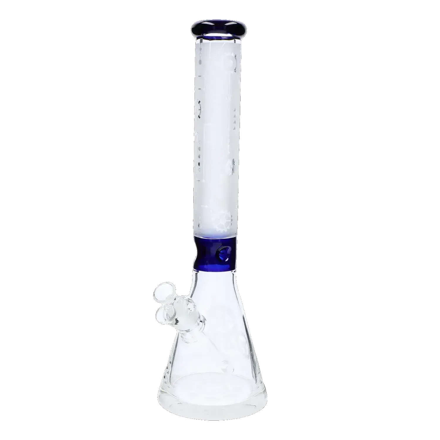 Centered front view of the Frosted Engraved Bong - 17 in. showing its tall frosted tube with a blue-rimmed mouthpiece and blue neck accent against a white background