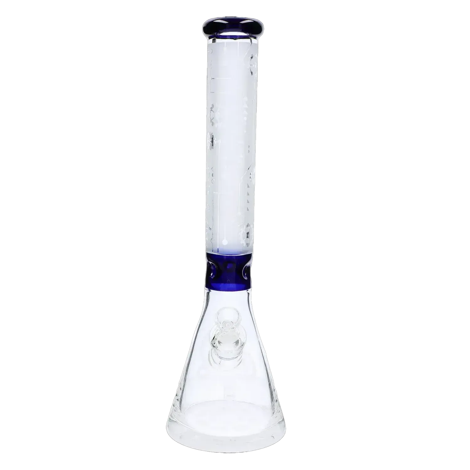 Front view of the Frosted Engraved Bong - 17 in. showing its tall frosted neck with subtle etched patterns and a deep blue collar against a black background