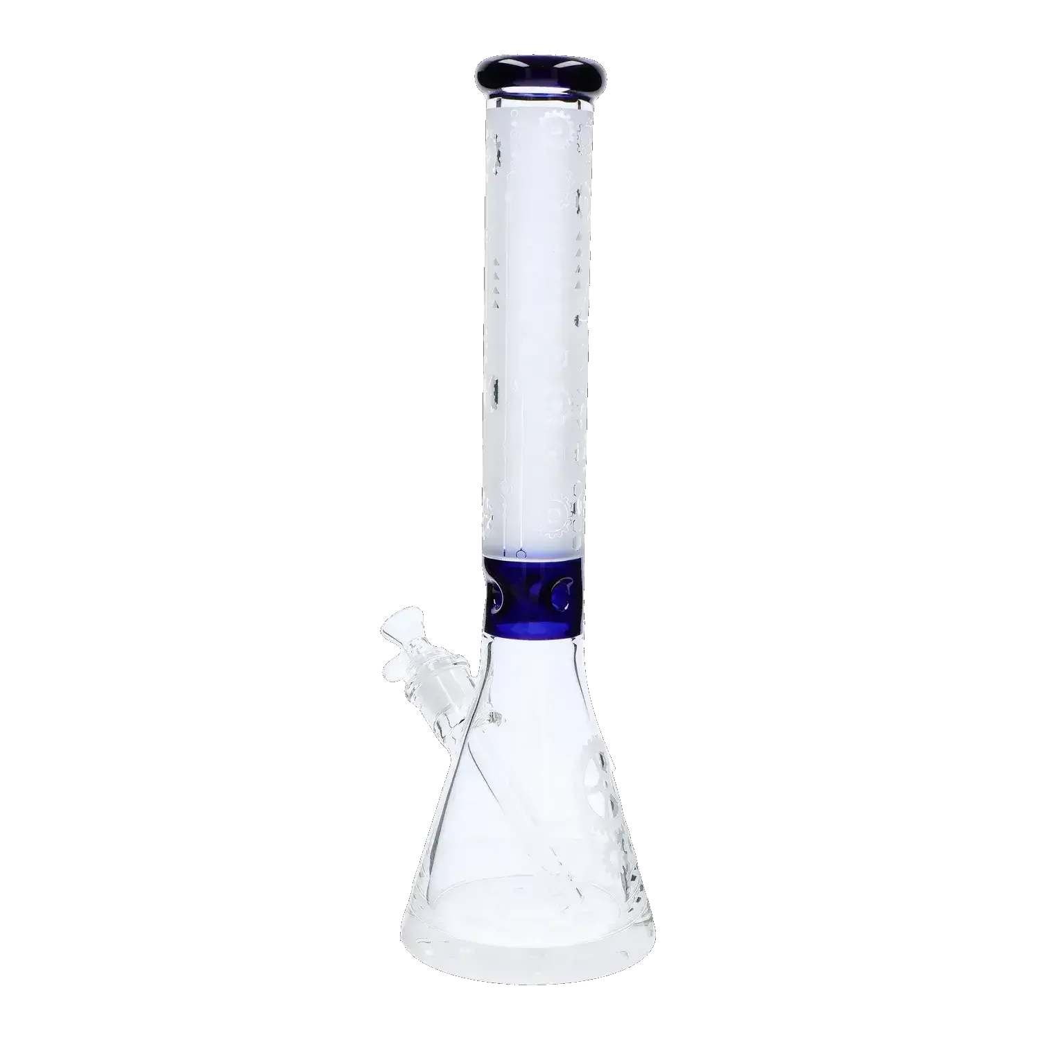 Front view of the Frosted Engraved Bong - 17 in. showing a tall frosted glass neck with engraved patterns and a blue rim and collar.