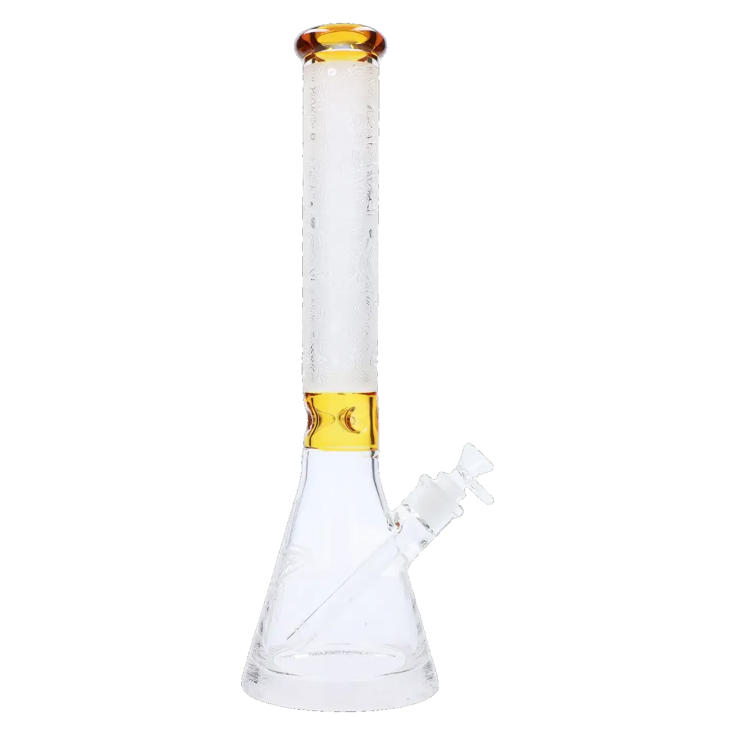 Front view of the Frosted Engraved Bong - 17 in. showing a tall frosted straight tube with subtle engraved patterns and amber accents above a clear beaker base.
