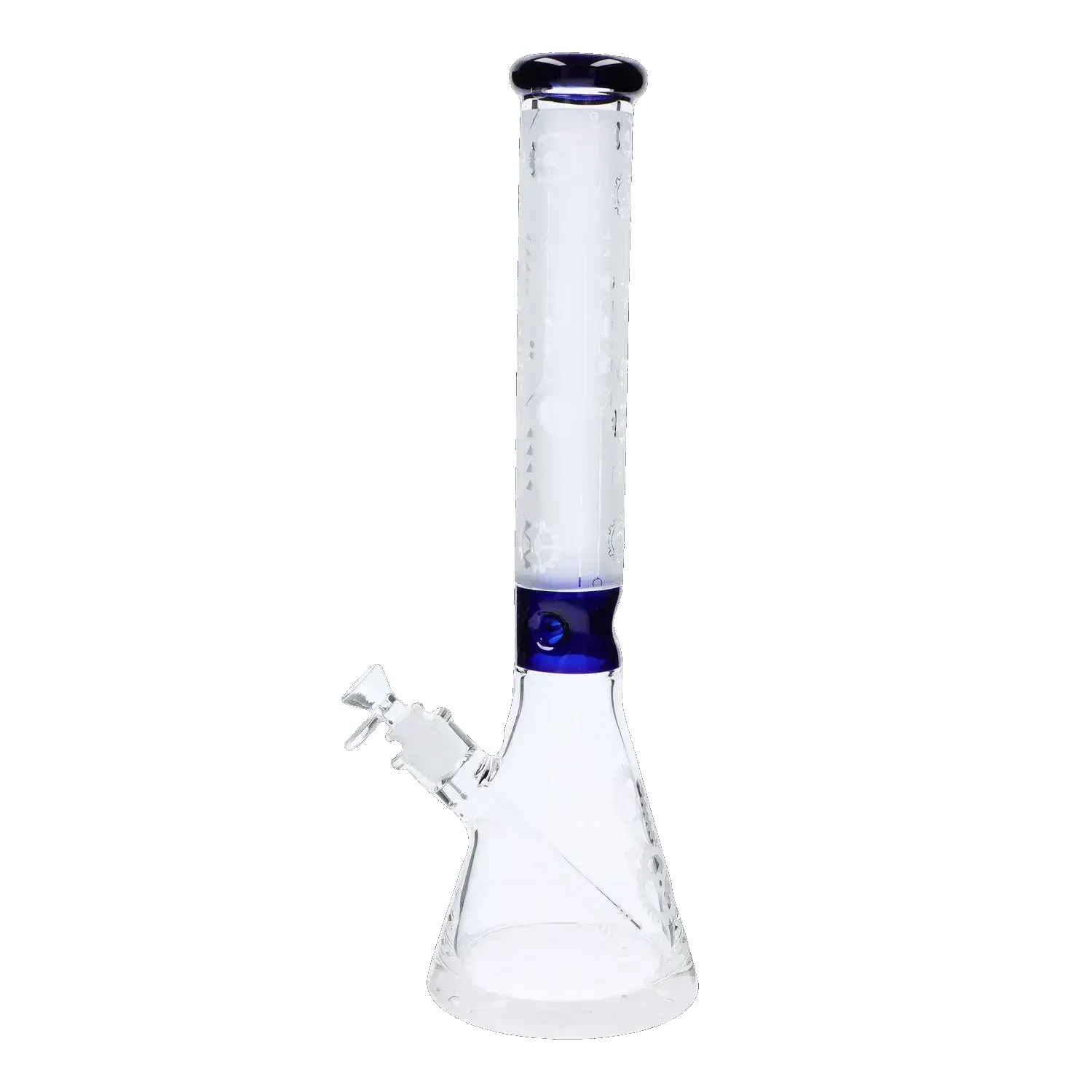 Tall front view of the Frosted Engraved Bong - 17 in. showing its frosted straight tube with a blue-rimmed mouthpiece and blue neck band against a white background