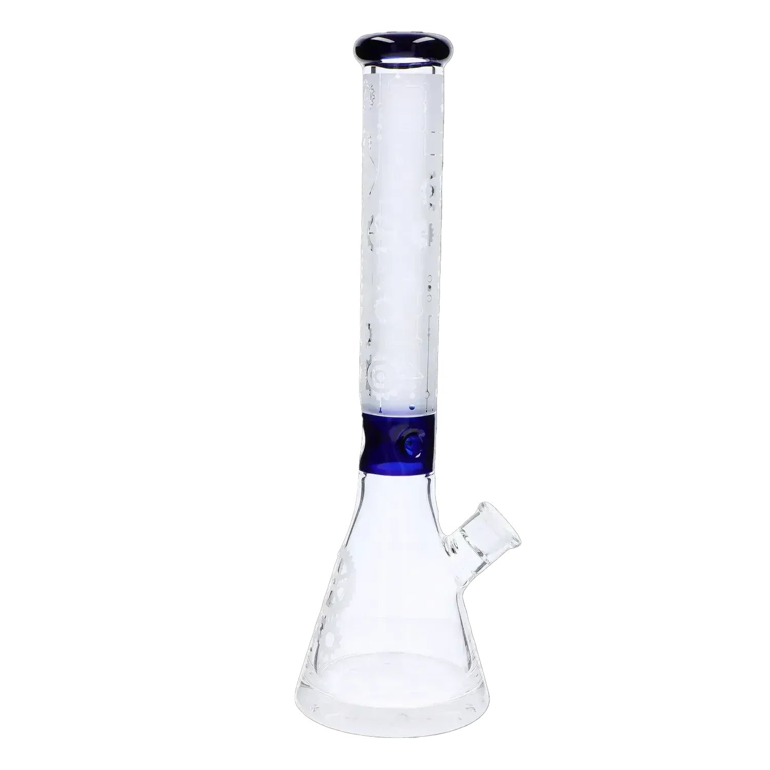Front-facing view of the Frosted Engraved Bong - 17 in. showing its tall frosted tube with engraved patterns and a blue-accented collar.