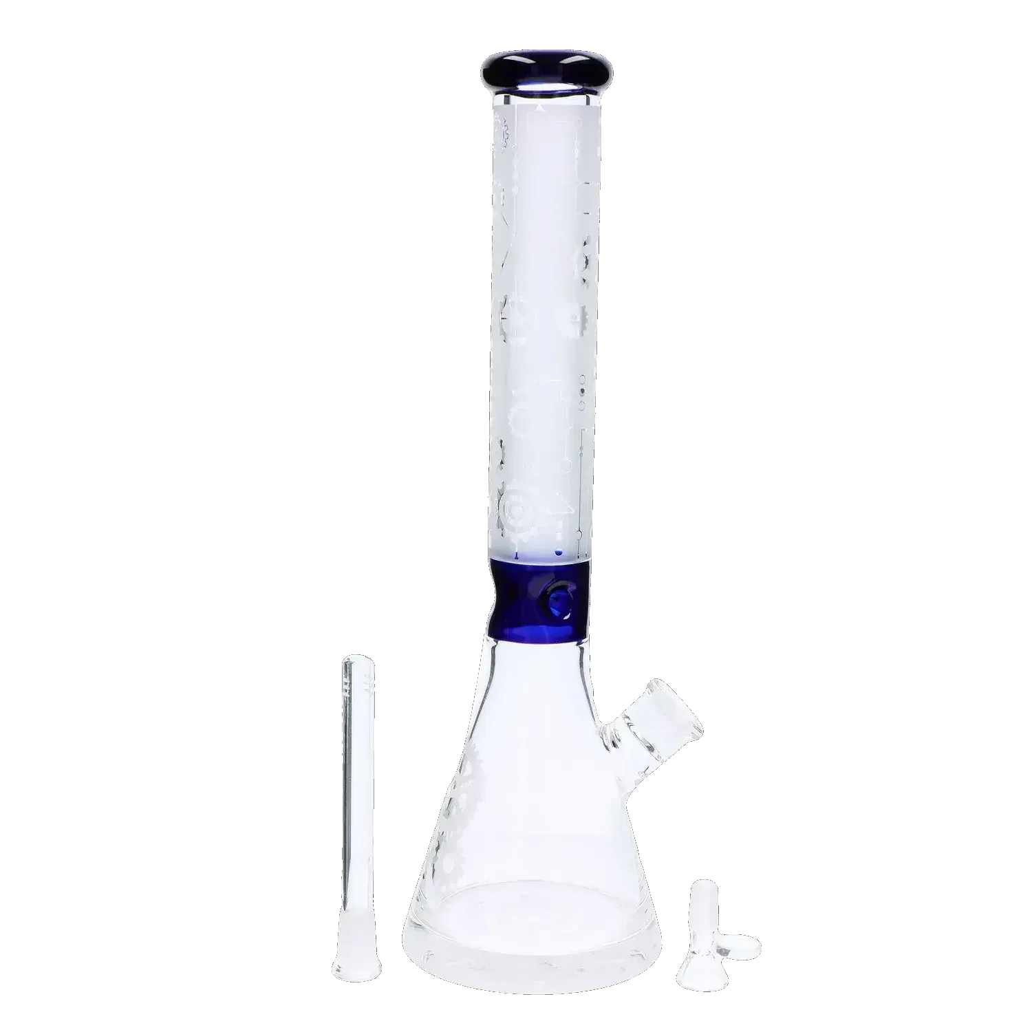 Front view of the Frosted Engraved Bong - 17 in. showing a tall frosted glass tube with engraved patterns and deep blue rim and collar.