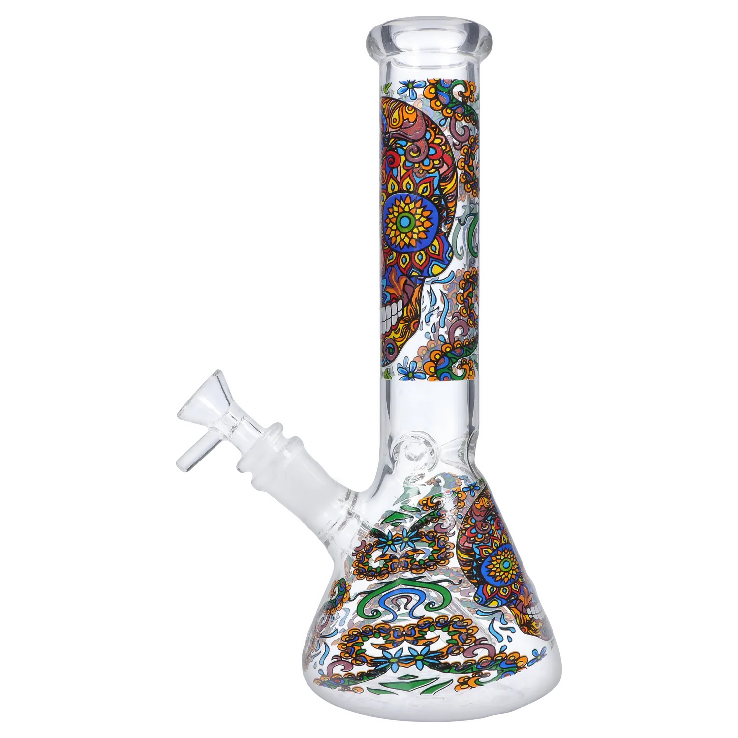Angled close-up of the DHC Sugar Skull Beaker Bong - 10 in. showing colorful sugar-skull motifs on the clear glass beaker and straight neck.