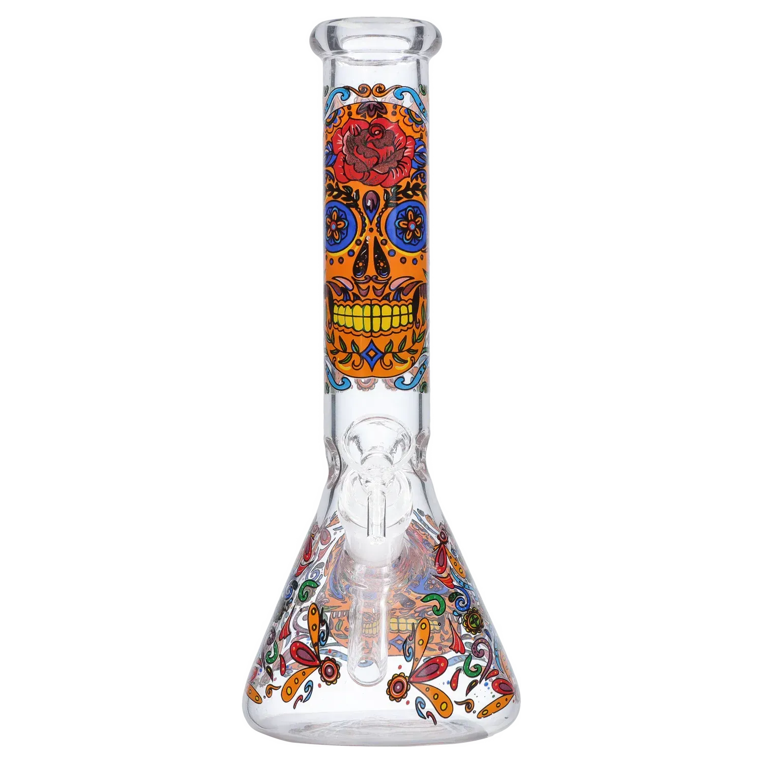 Centered front view of the DHC Sugar Skull Beaker Bong - 10 in. showing a yellow skull motif and colorful floral patterns on clear glass