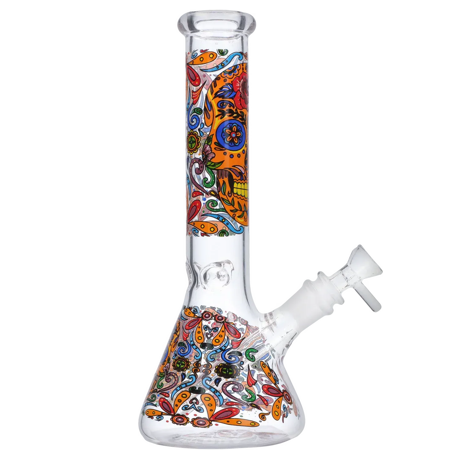 Straight-on view of the DHC Sugar Skull Beaker Bong - 10 in. showing a white glass beaker with colorful sugar-skull and floral paisley artwork wrapping the neck and base.