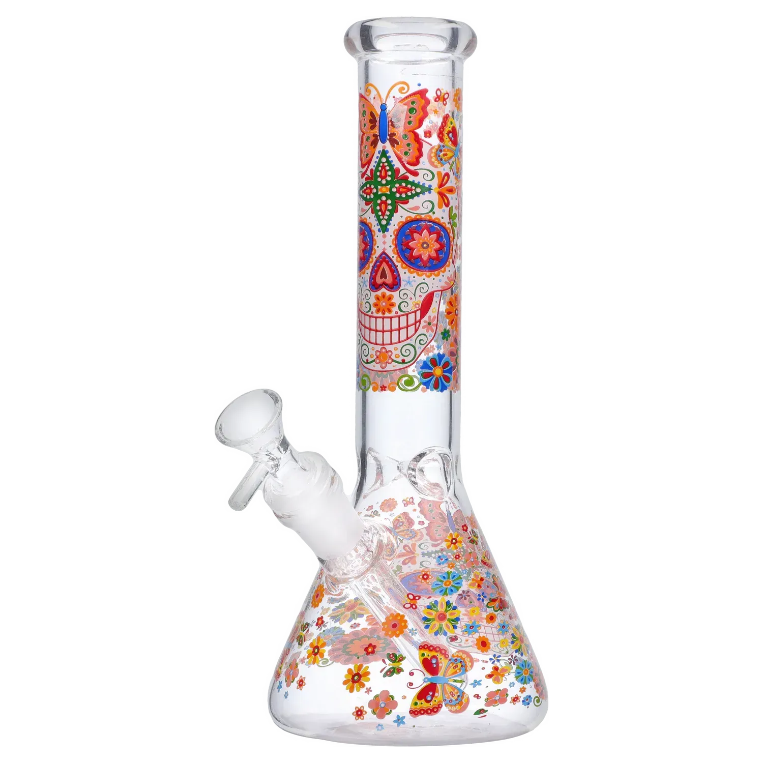 Angled front view of the DHC Sugar Skull Beaker Bong - 10 in. showing colorful sugar-skull and floral decals on clear glass.