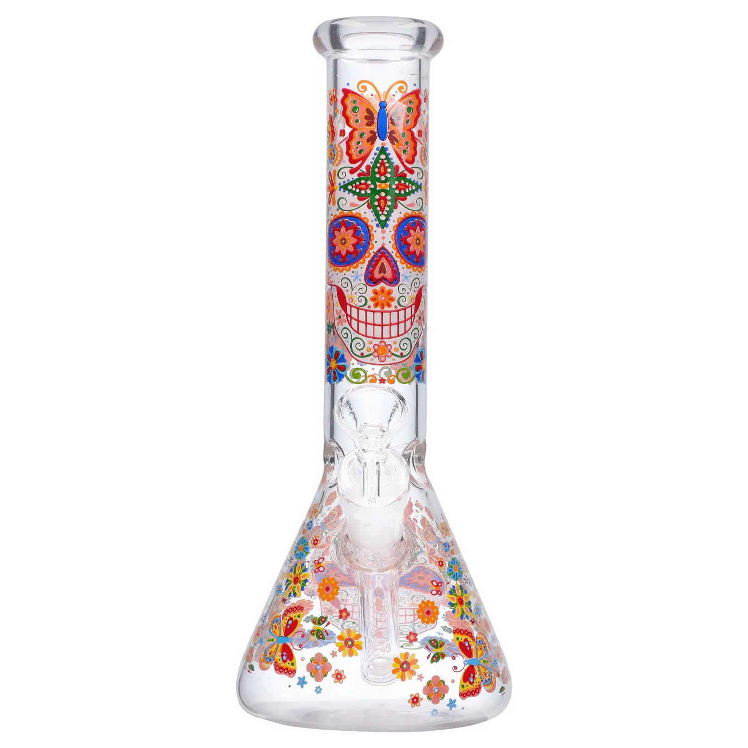 Centered front view of the DHC Sugar Skull Beaker Bong - 10 in. showing a clear glass beaker neck decorated with colorful sugar-skull floral and butterfly motifs.
