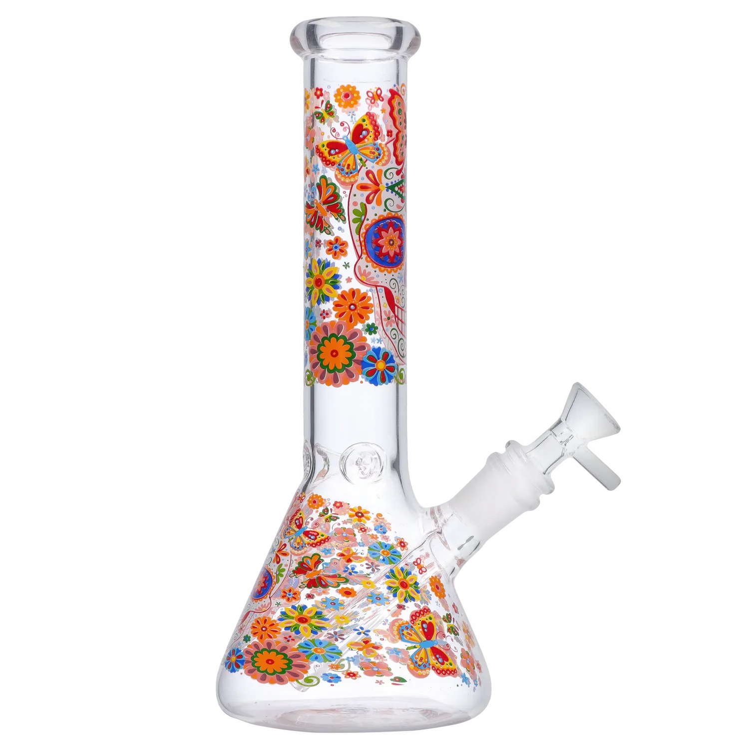 Side view of the DHC Sugar Skull Beaker Bong - 10 in. showing a clear glass beaker neck and base decorated with colorful floral and butterfly sugar-skull motifs.