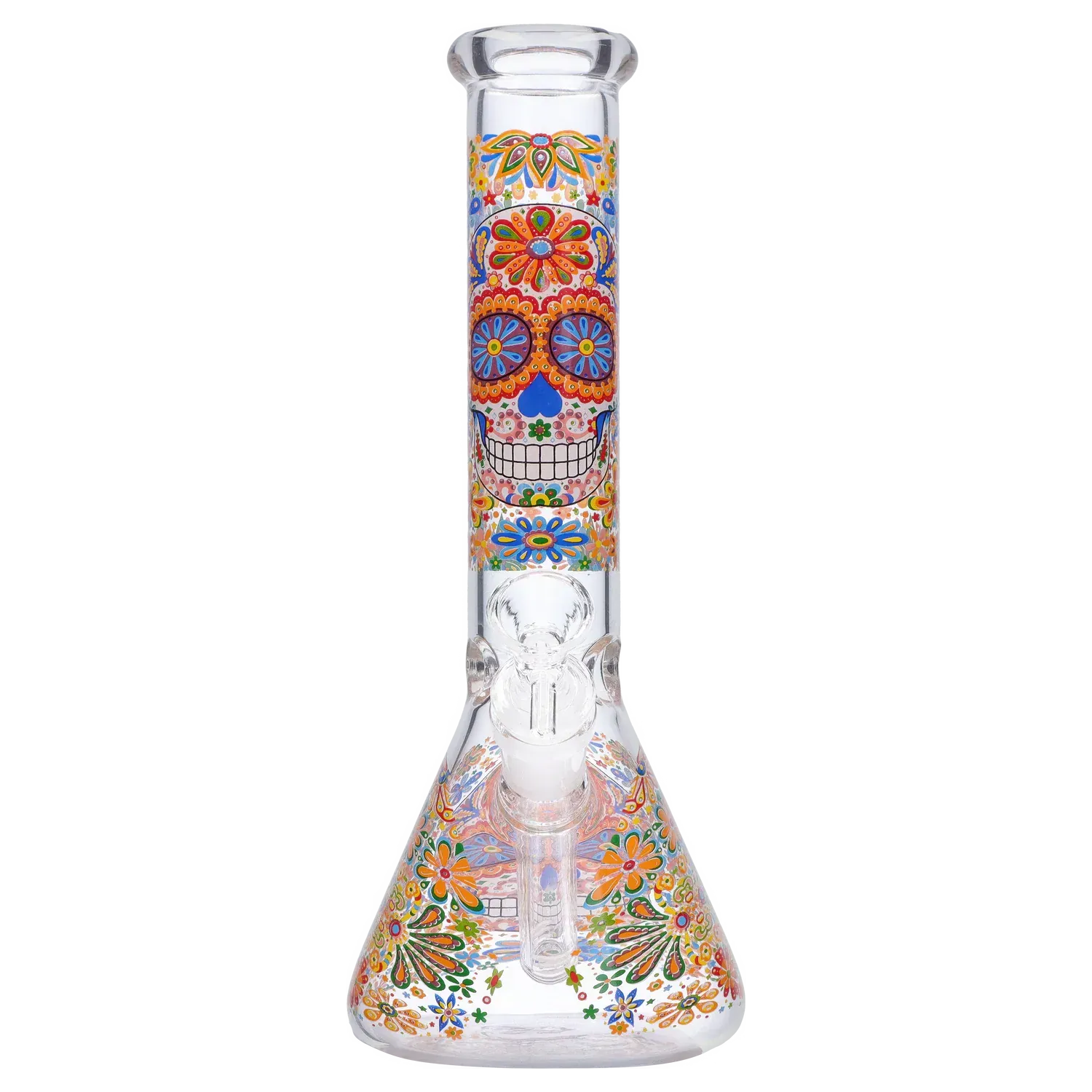 Front view of the DHC Sugar Skull Beaker Bong - 10 in. showing a clear glass neck and beaker decorated with a colorful Day of the Dead skull and floral patterns.
