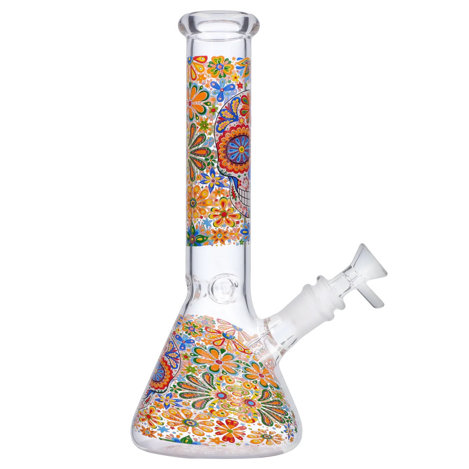 Angled close-up of the DHC Sugar Skull Beaker Bong - 10 in. showing a clear glass body decorated with colorful floral sugar-skull motifs.