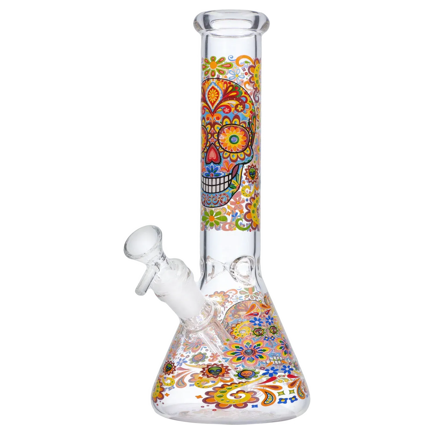 Side view of the DHC Sugar Skull Beaker Bong - 10 in. showing a clear glass tube and beaker base decorated with a colorful floral sugar-skull motif.