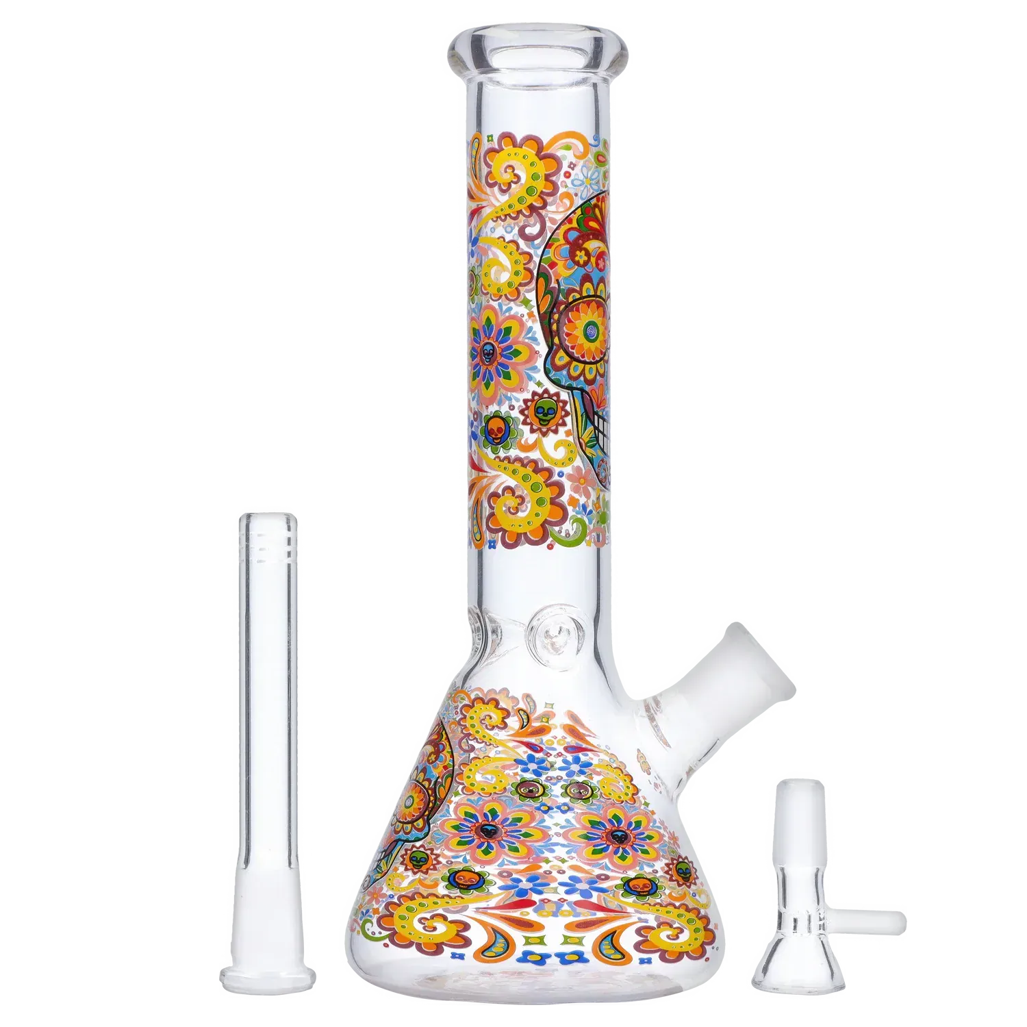 Straight-on view of the DHC Sugar Skull Beaker Bong - 10 in. showing a clear glass beaker with colorful sugar-skull floral patterns up the neck and body.