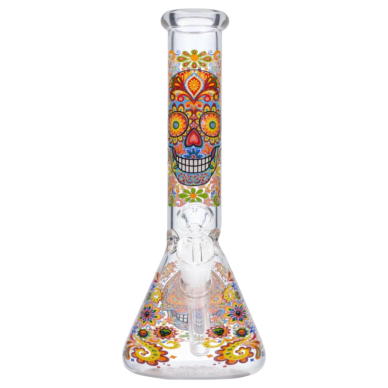 Front-facing view of the DHC Sugar Skull Beaker Bong - 10 in. showing a colorful sugar-skull motif centered on the clear glass neck and decorated beaker base.