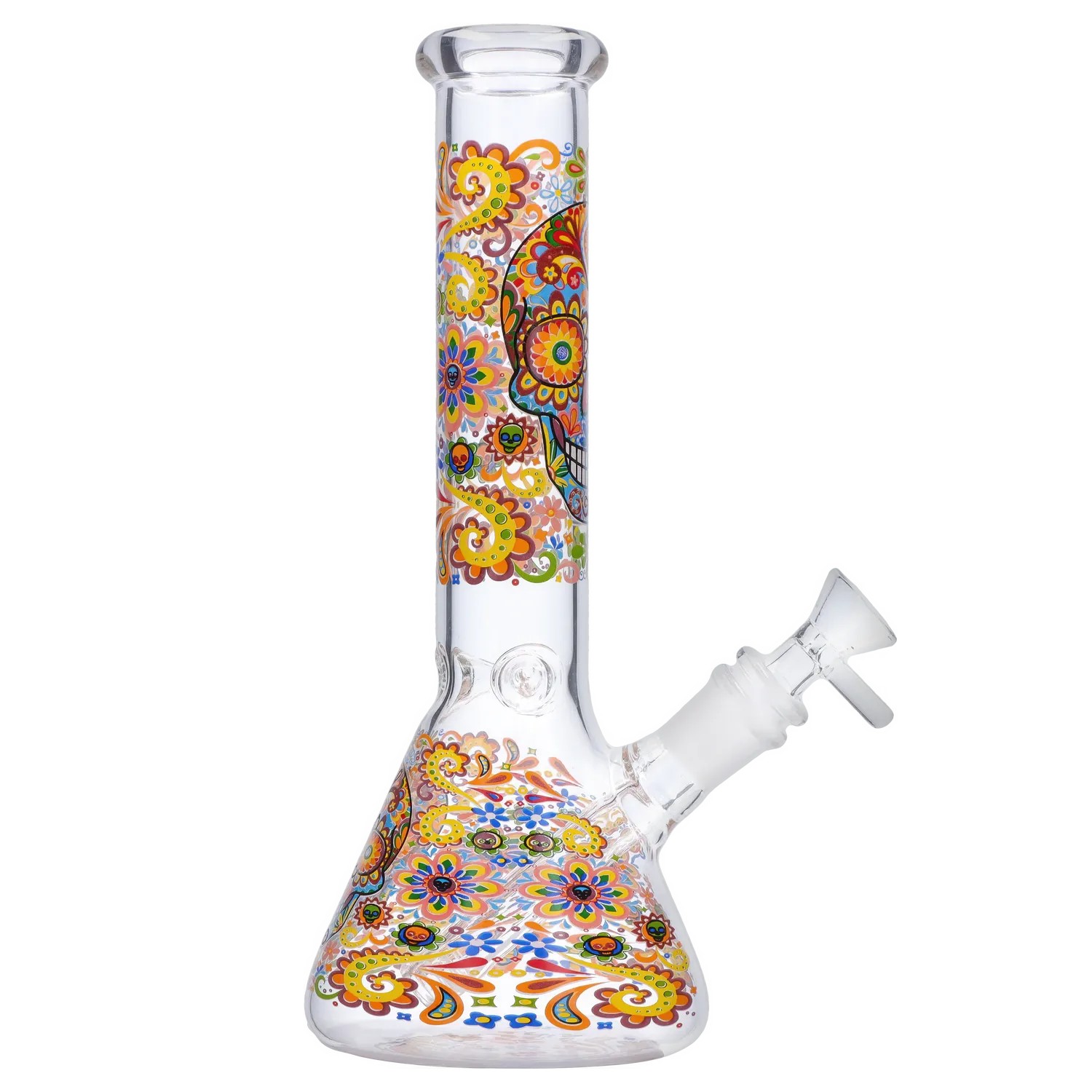Straight-on view of the DHC Sugar Skull Beaker Bong - 10 in. showing colorful sugar-skull style floral patterns wrapping the clear glass beaker and neck.