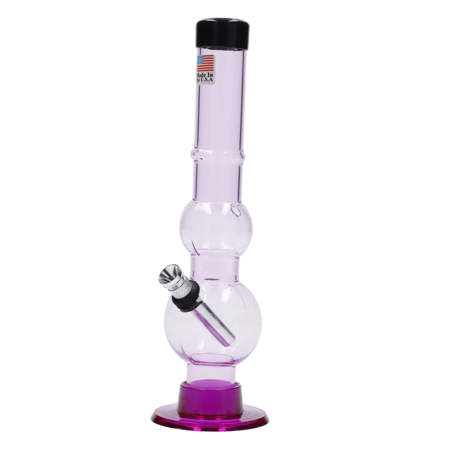 Upright studio shot of the JM Plastics Double Bubble with Grip and Carb Hole Acrylic Bong - 8 in., shown in translucent lavender with two bulbous chambers and a purple base.