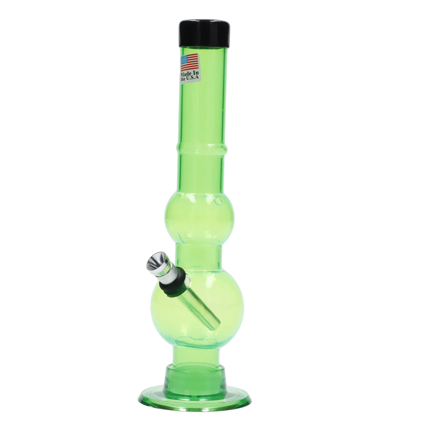 Tall studio-lit front view of the green JM Plastics Double Bubble with Grip and Carb Hole Acrylic Bong - 8 in., showing its double-bubble chambers and slanted metal downstem against a white background