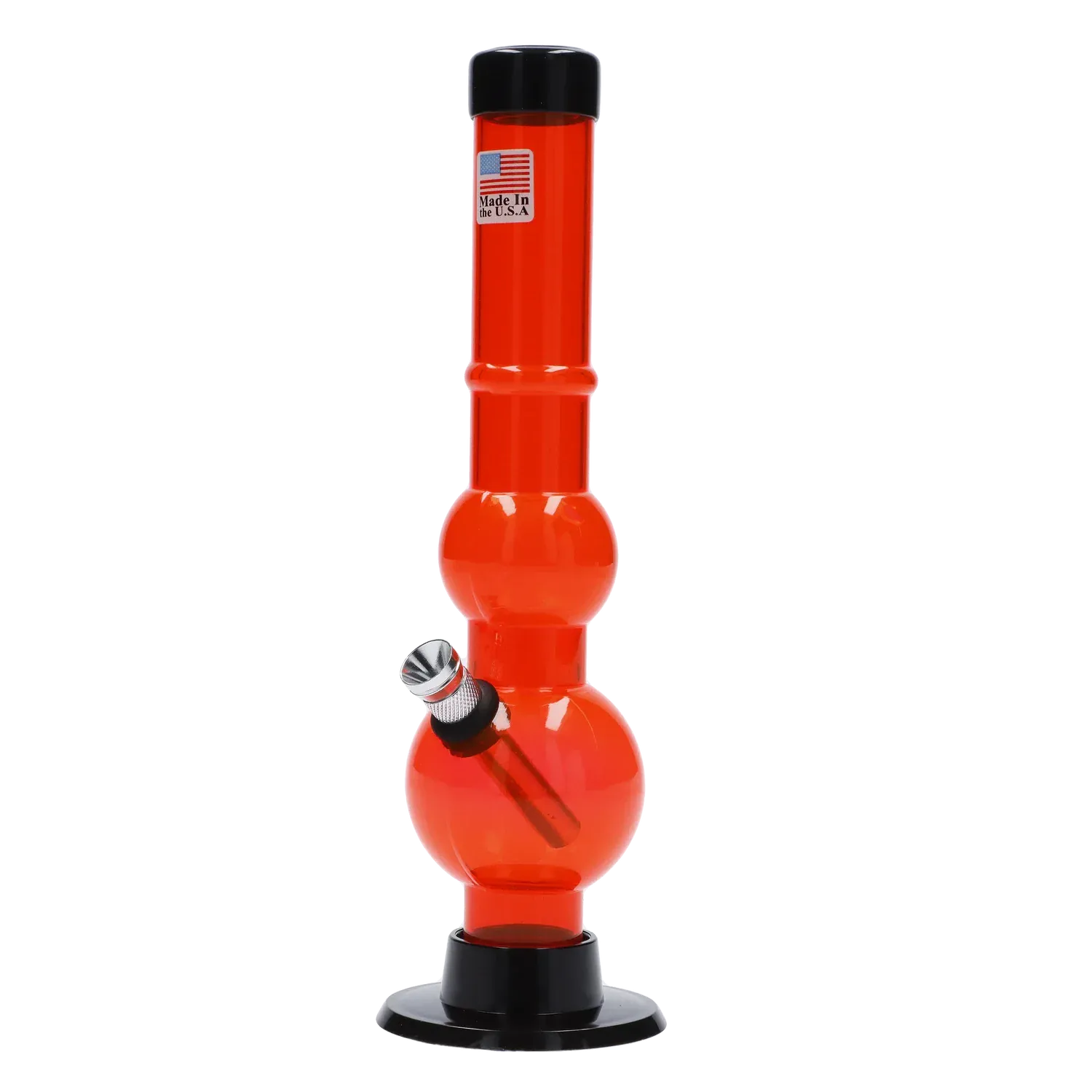 Centered front view of the JM Plastics Double Bubble with Grip and Carb Hole Acrylic Bong - 8 in., showing a glossy red double-bubble tube, black mouthpiece and base, and angled metal bowl.