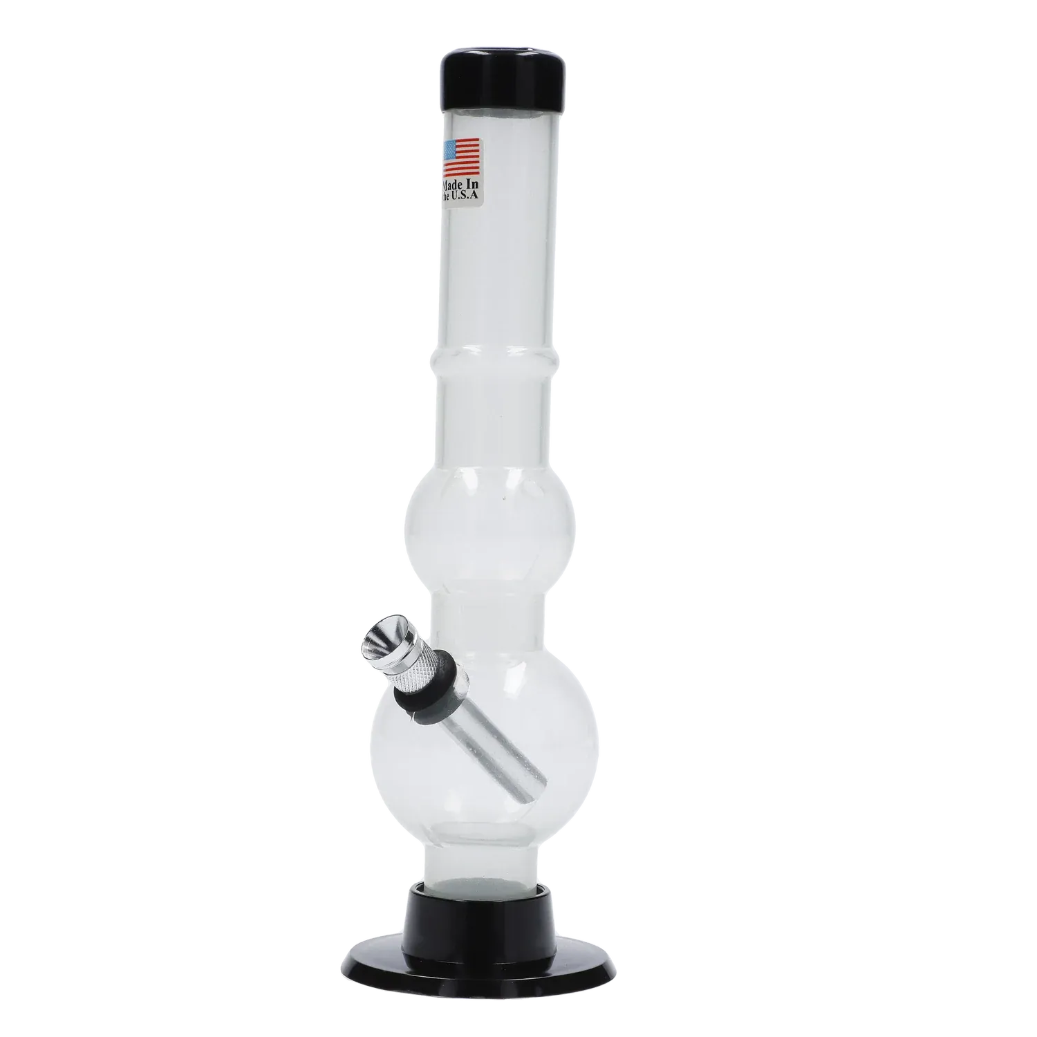 Front view of the JM Plastics Double Bubble with Grip and Carb Hole Acrylic Bong - 8 in. showing a clear double-bubble tube, angled metal downstem, and black base against a white background