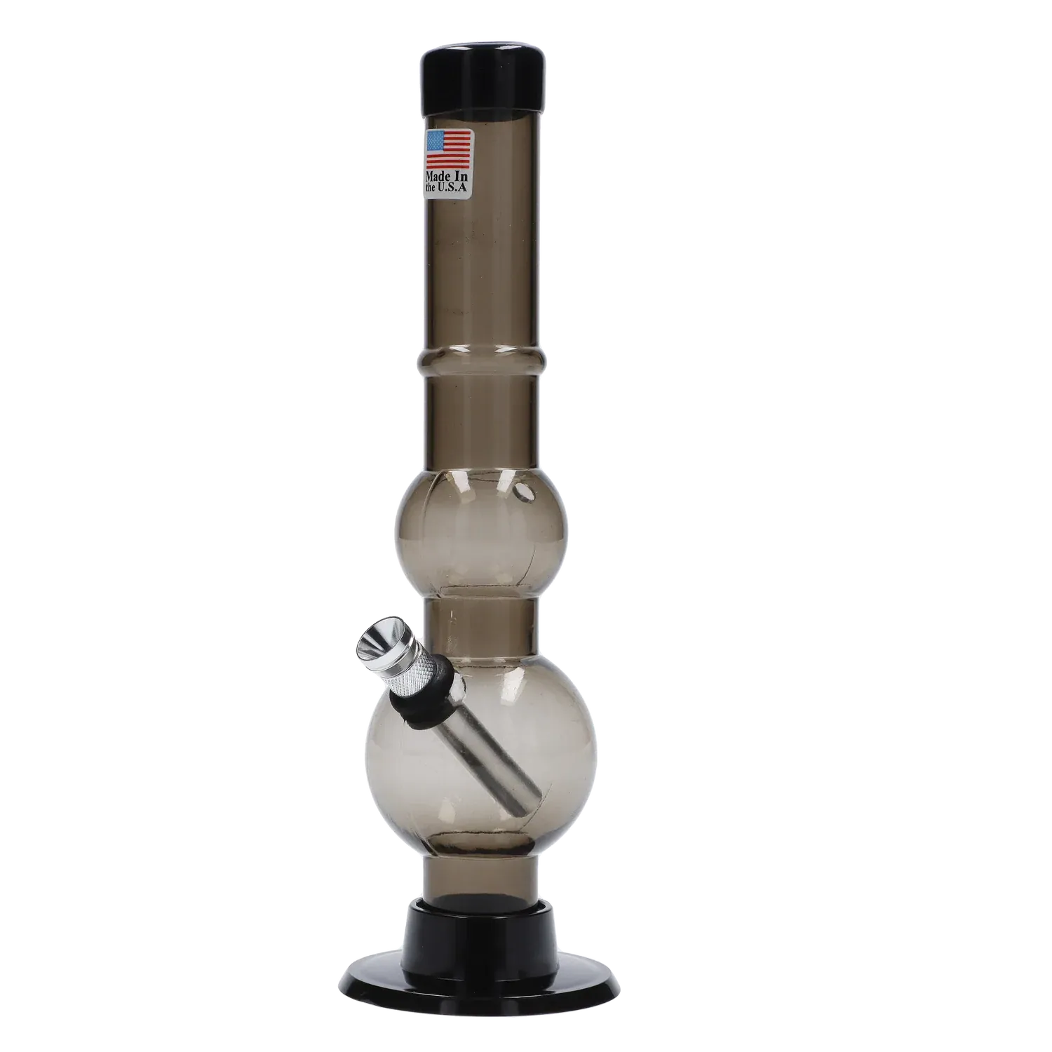 Tall studio-lit front view of the JM Plastics Double Bubble with Grip and Carb Hole Acrylic Bong - 8 in., shown in smoky gray with two rounded chambers and angled metal downstem.