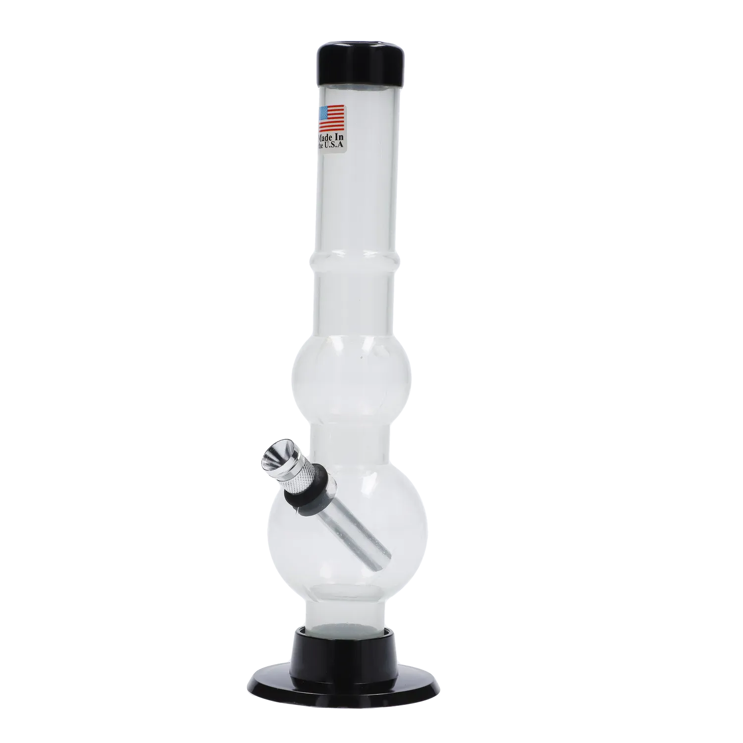 Right-side view of the JM Plastics Double Bubble with Grip and Carb Hole Acrylic Bong - 8 in., showing its clear double-bubble body, angled metal downstem, and black base and mouthpiece.