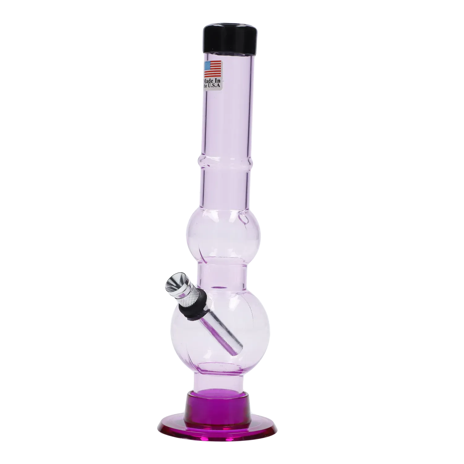 Tall three-quarter view of a light purple JM Plastics Double Bubble with Grip and Carb Hole Acrylic Bong - 8 in., shown against a white background with its angled bowl and round double-bubble chambers visible.