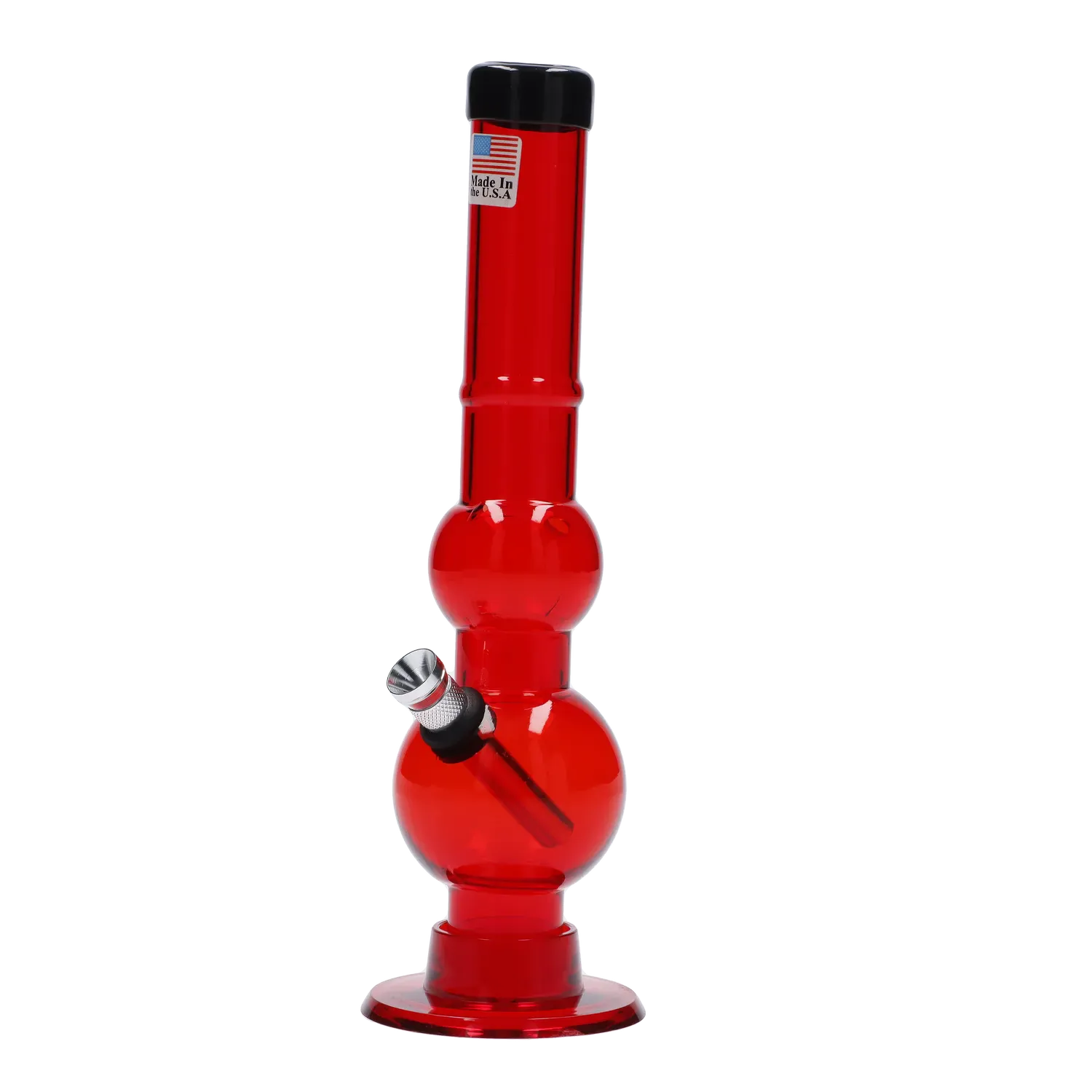 Vertical studio shot of the JM Plastics Double Bubble with Grip and Carb Hole Acrylic Bong - 8 in., shown in glossy translucent red with its angled metal bowl and black grip against a white background