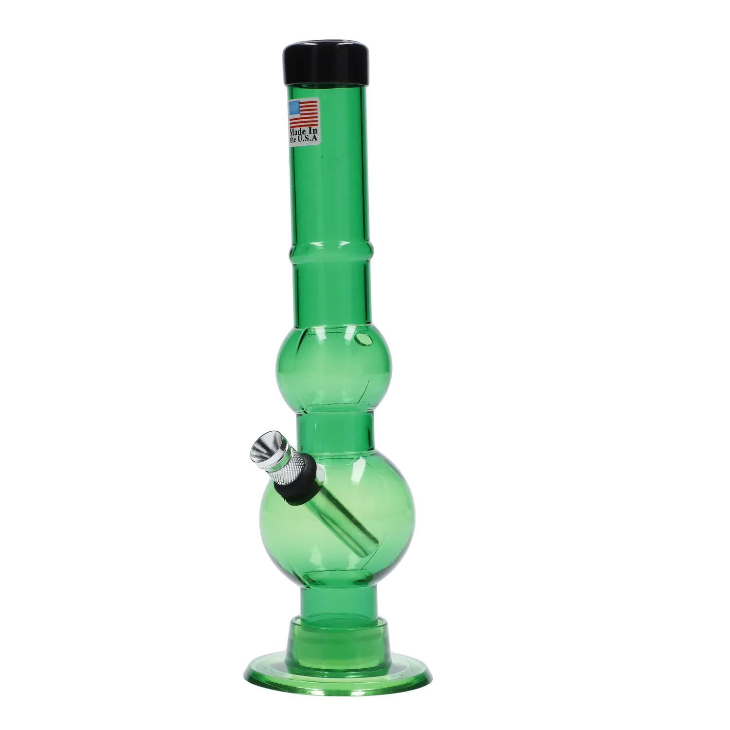 Vertical studio shot of a green JM Plastics Double Bubble with Grip and Carb Hole Acrylic Bong - 8 in., shown from mid-body to base with a black-topped mouthpiece and metal downstem against a white background