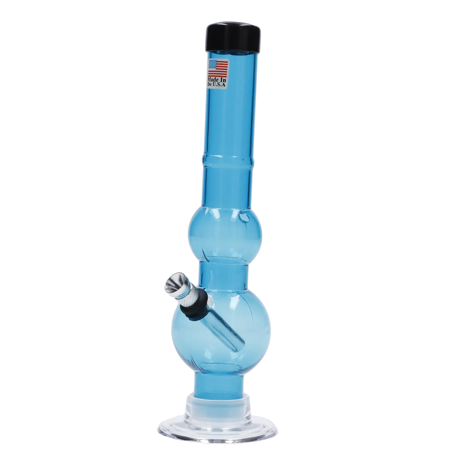 Centered vertical view of the blue JM Plastics Double Bubble with Grip and Carb Hole Acrylic Bong - 8 in., shown against a white background with its angled metal bowl and round double-bubble chamber visible.