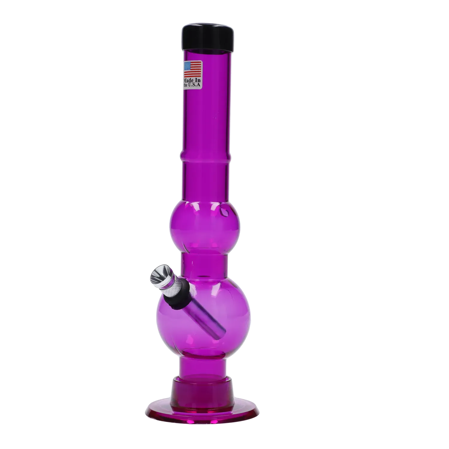 Vertical three-quarter view of a translucent purple JM Plastics Double Bubble with Grip and Carb Hole Acrylic Bong - 8 in., lit from the left on a white background