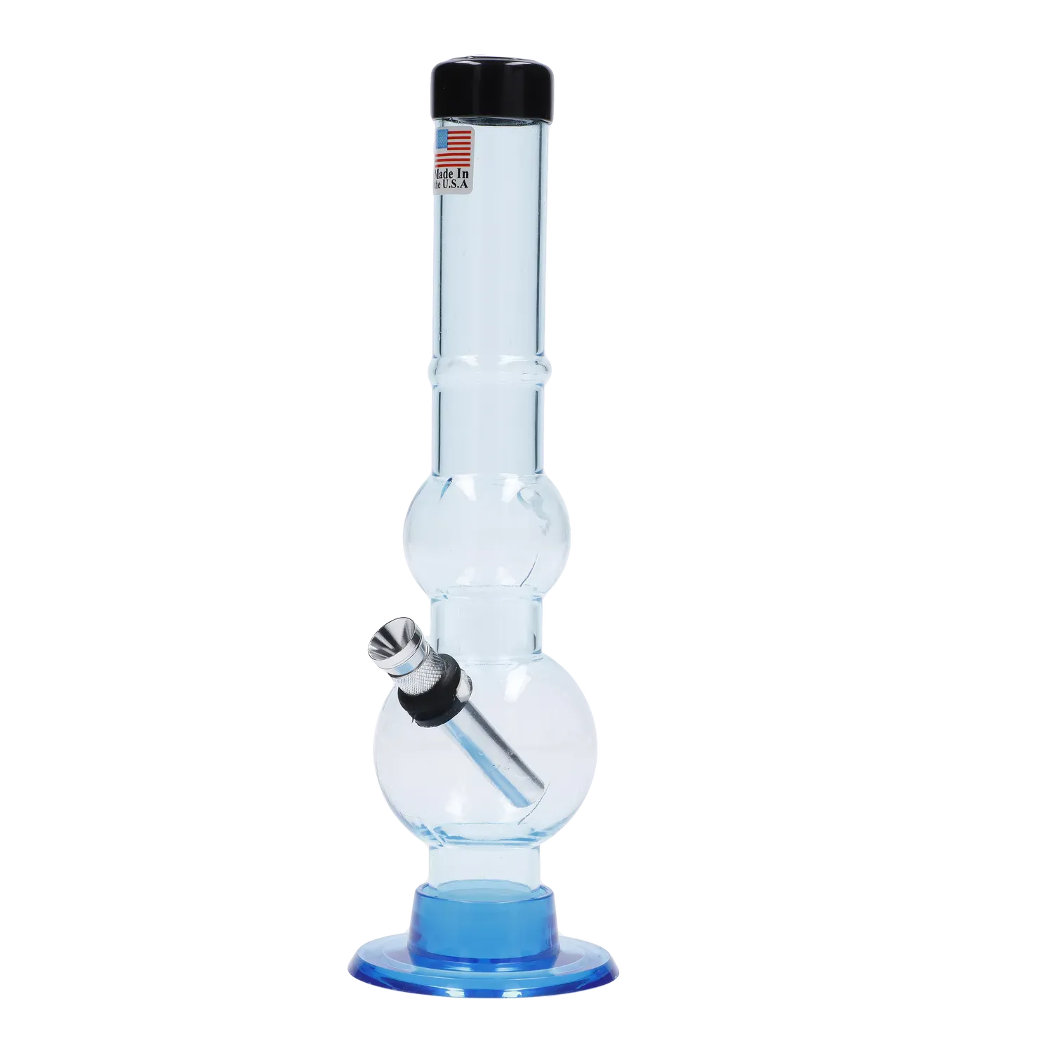 Straight-on view of the JM Plastics Double Bubble with Grip and Carb Hole Acrylic Bong - 8 in., showing its clear double-bubble chamber, angled metal downstem, black mouthpiece cap and blue round base against a white background