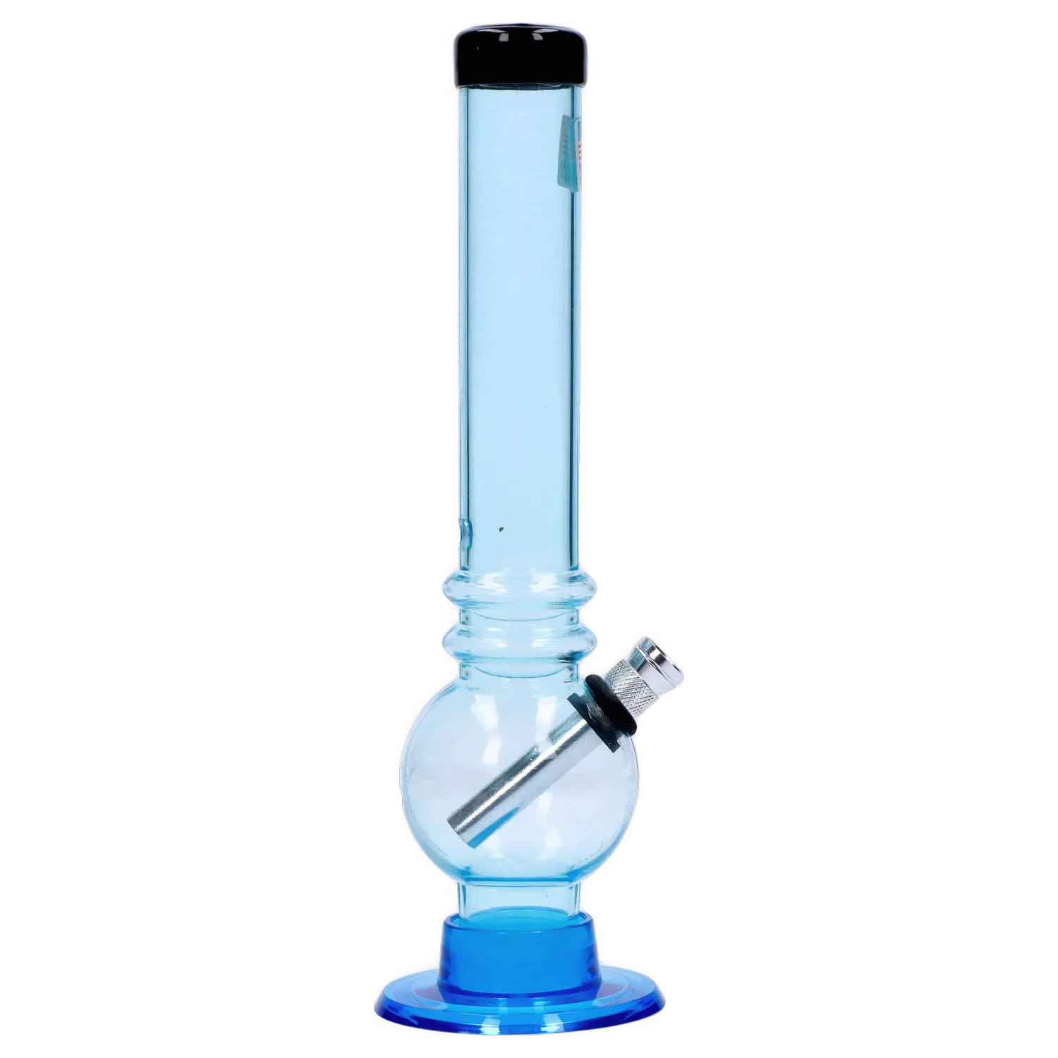 Straight-on view of the JM Plastics Bubble Base with Grip and Carb Hole Acrylic Bong - 8 in., shown in translucent blue with its round bubble base, slotted grip rings, metal downstem and black rubber grommet against a white background