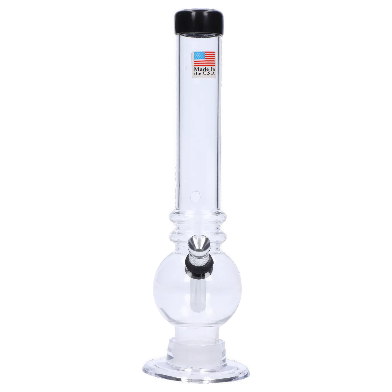 Centered front view of a clear JM Plastics Bubble Base with Grip and Carb Hole Acrylic Bong - 8 in., shown against a white background with a visible black mouthpiece and metal bowl.