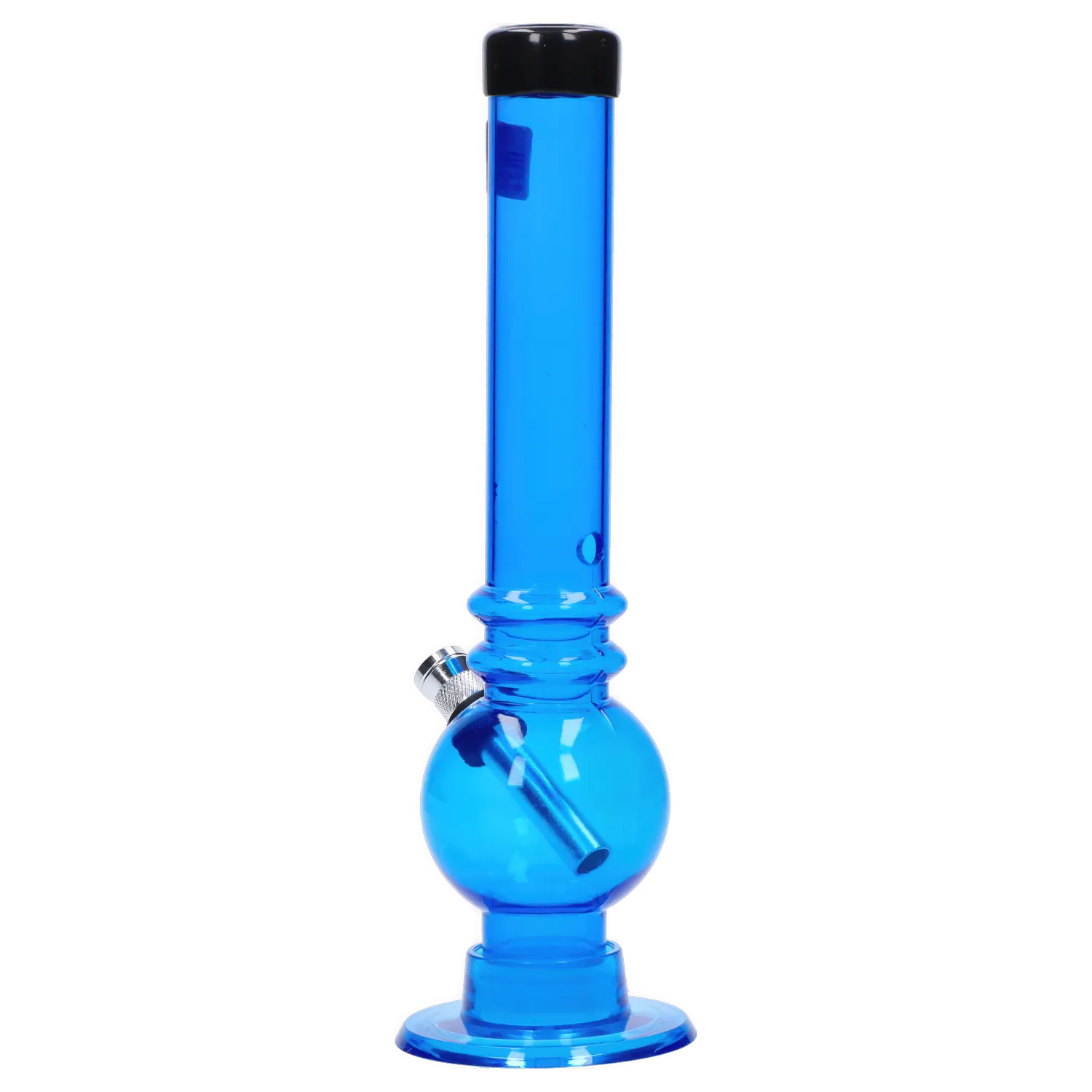 Front-facing view of the blue 8 in. JM Plastics Bubble Base with Grip and Carb Hole Acrylic Bong against a white background.