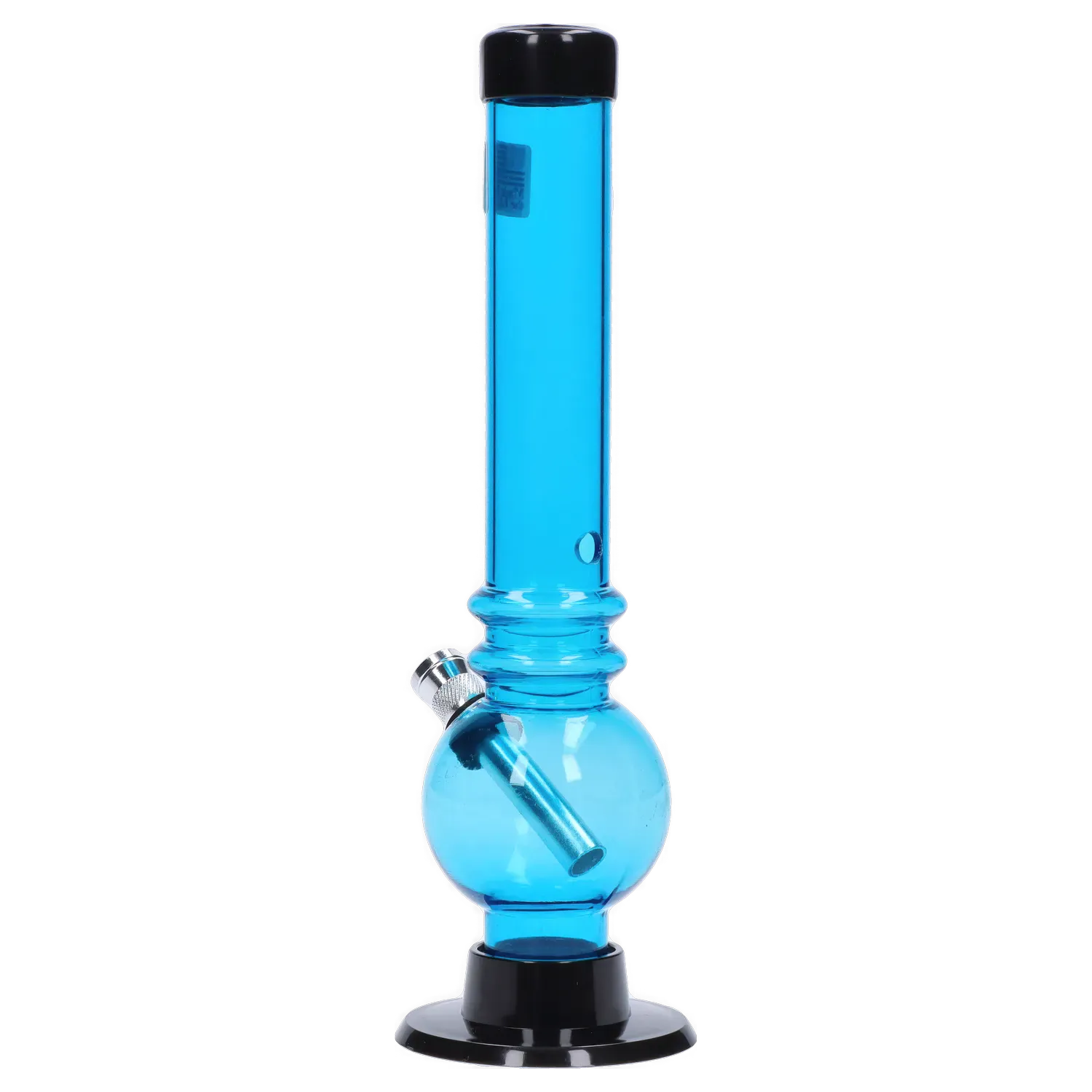 Vertical front view of the blue 8 in. JM Plastics Bubble Base with Grip and Carb Hole Acrylic Bong centered on a black round base.