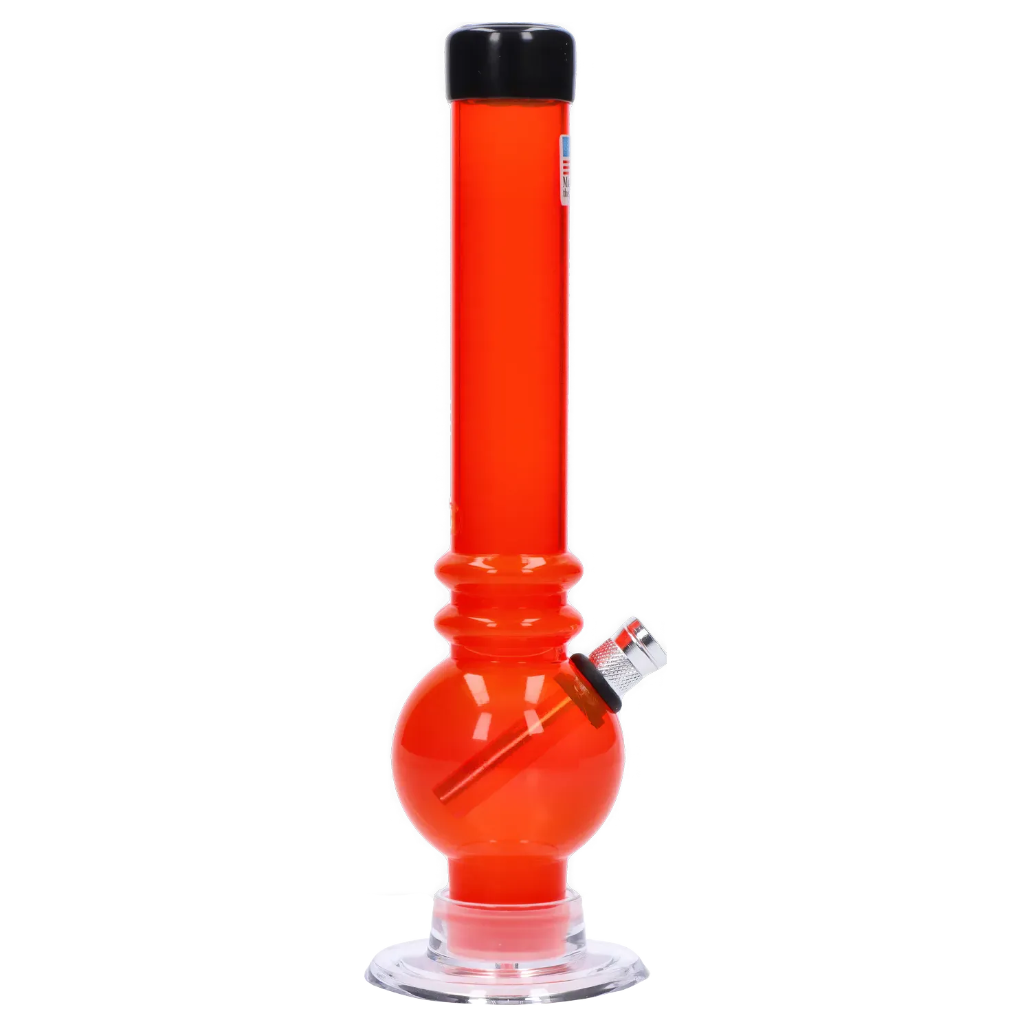 Front-facing close-up of the JM Plastics Bubble Base with Grip and Carb Hole Acrylic Bong - 8 in., showing its tall clear red tube, rounded bubble base and angled metal downstem against a plain white background