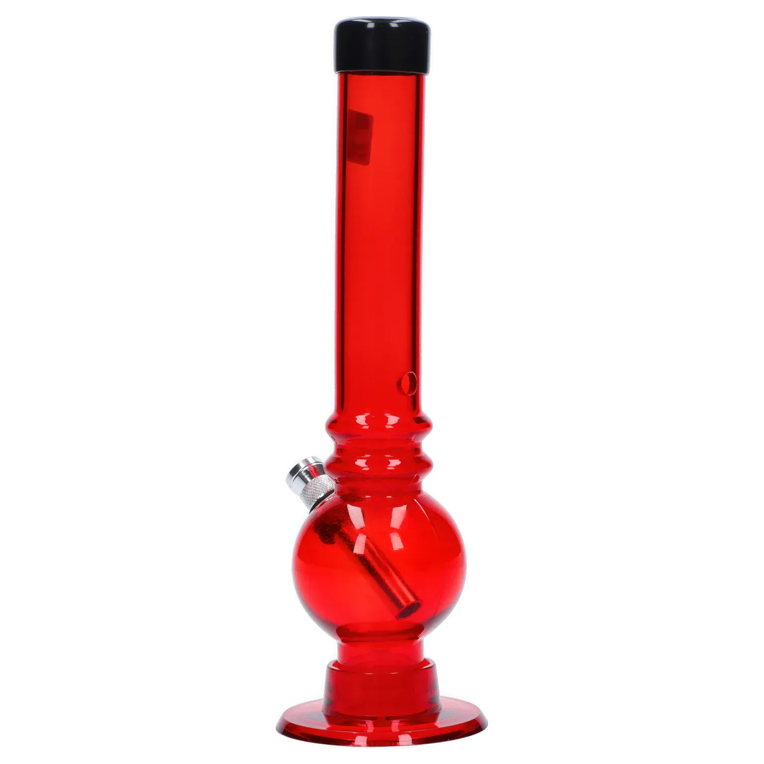 Straight-on view of the red JM Plastics Bubble Base with Grip and Carb Hole Acrylic Bong - 8 in., lit to show its round bubble base, straight neck, and angled metal downstem.