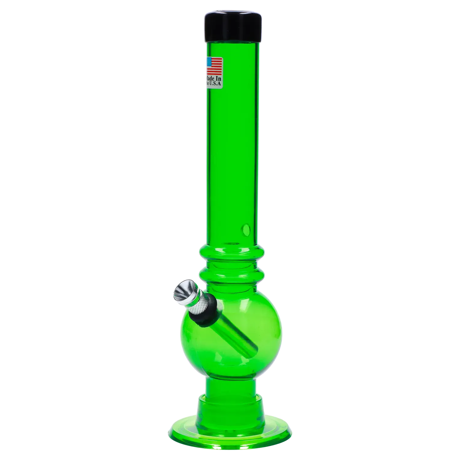 Straight-on studio view of the JM Plastics Bubble Base with Grip and Carb Hole Acrylic Bong - 8 in. in bright translucent green showing its black mouthpiece, spherical bubble base and metal downstem.