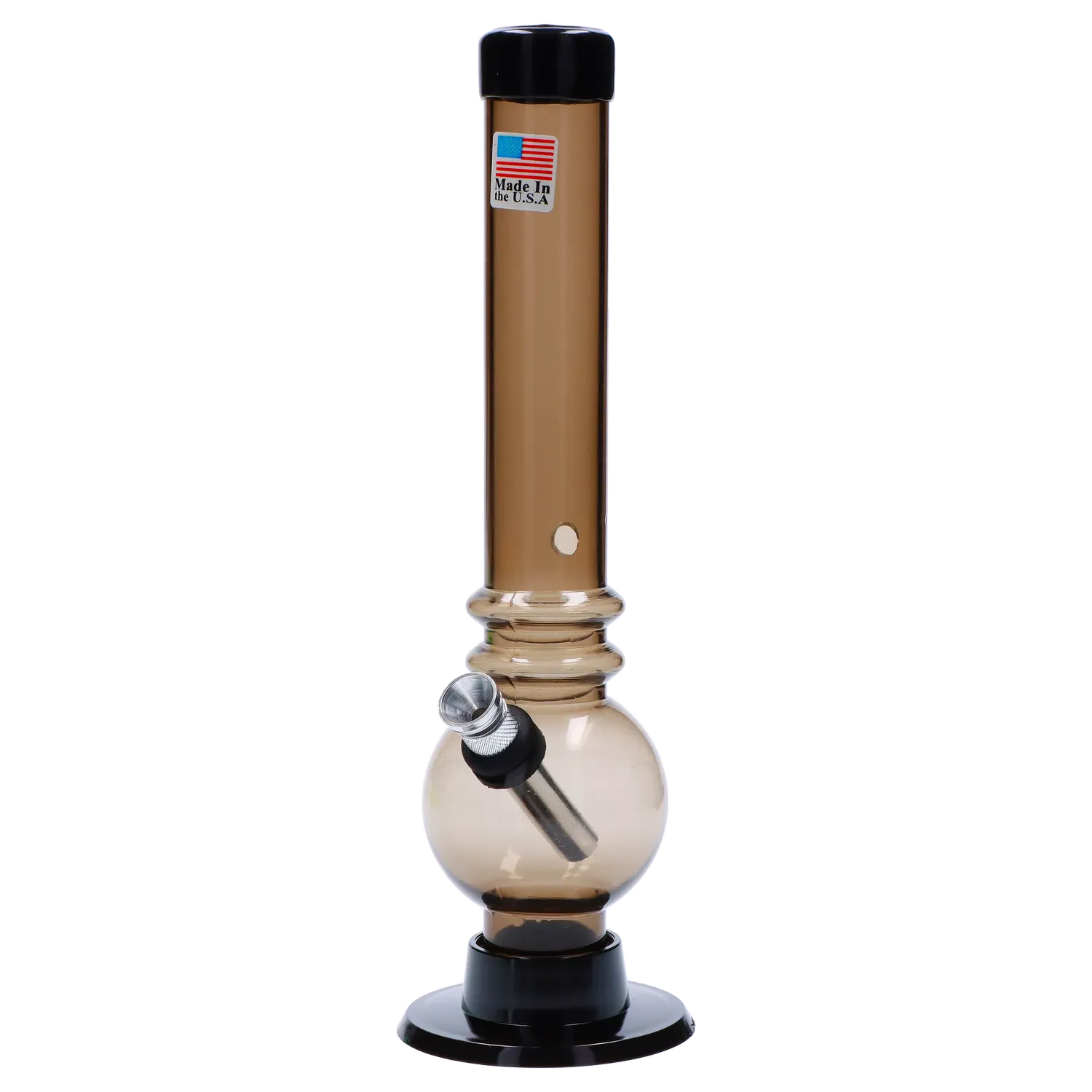 Straight-on view of the JM Plastics Bubble Base with Grip and Carb Hole Acrylic Bong - 8 in., showing its smoked brown cylindrical neck with a small carb hole, round bubble chamber and black base against a white background