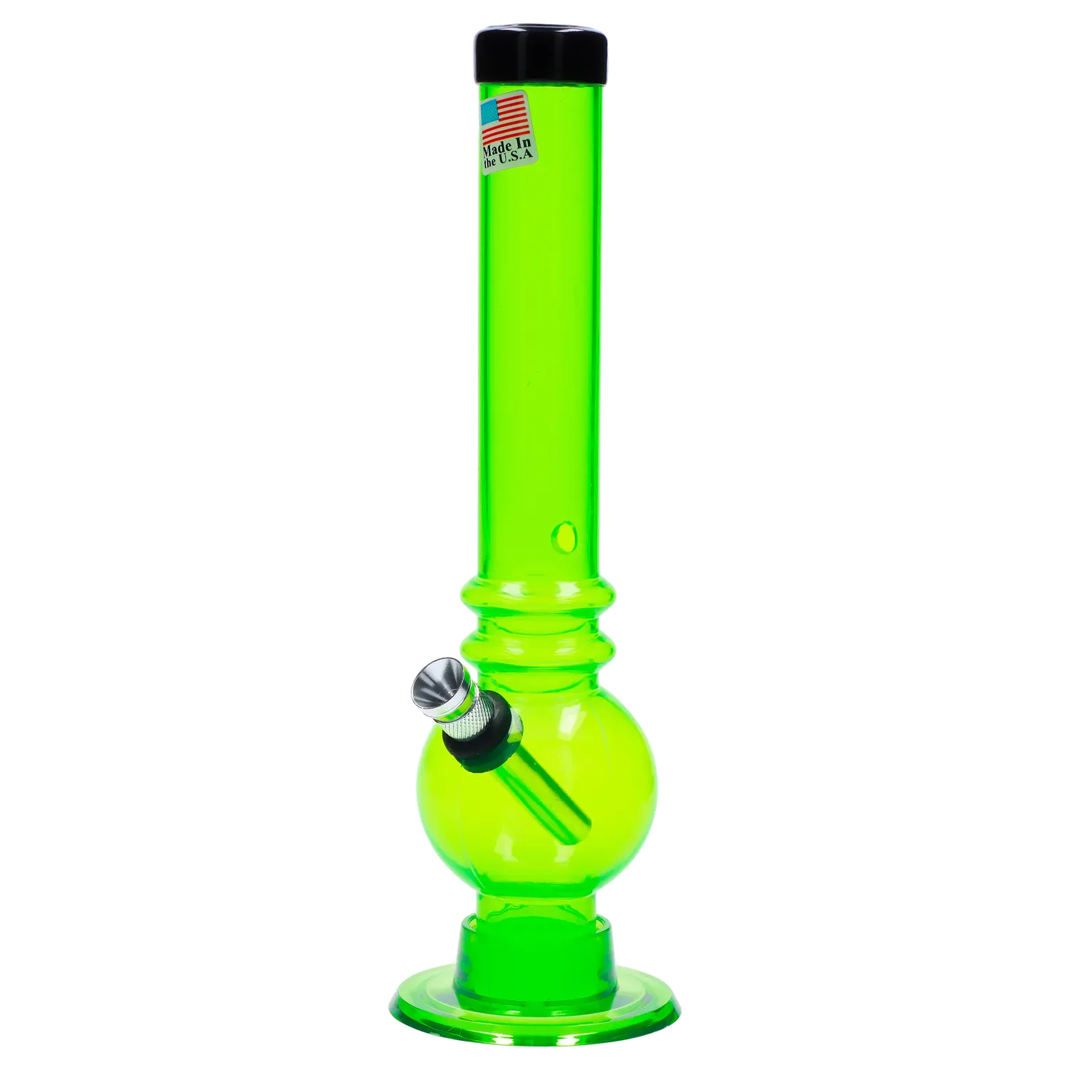 Front view of a tall translucent green JM Plastics Bubble Base with Grip and Carb Hole Acrylic Bong - 8 in., shown against a white background with its bowl and downstem angled toward the viewer.