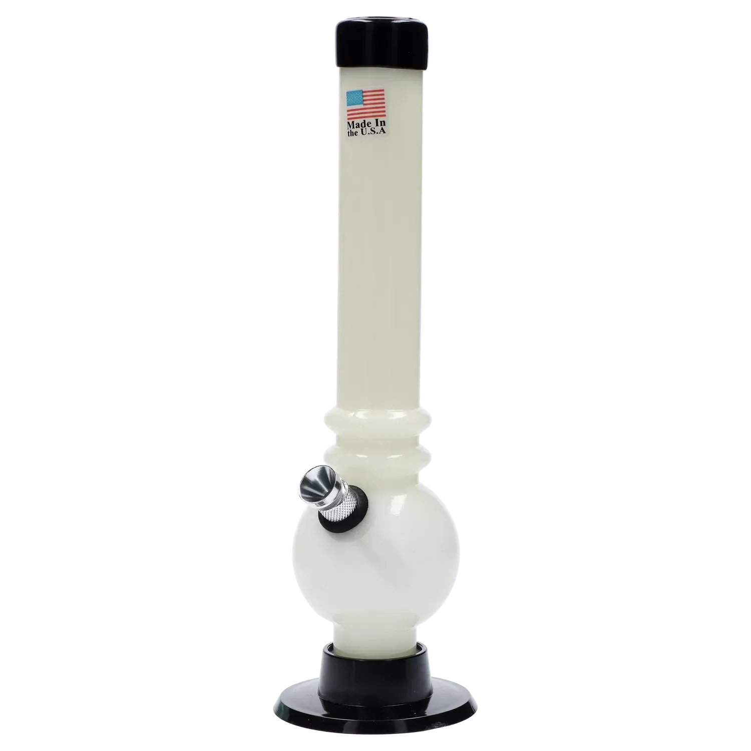 Straight-on view of the JM Plastics Bubble Base with Grip and Carb Hole Acrylic Bong - 8 in., shown in off-white with a black base and top against a white background.