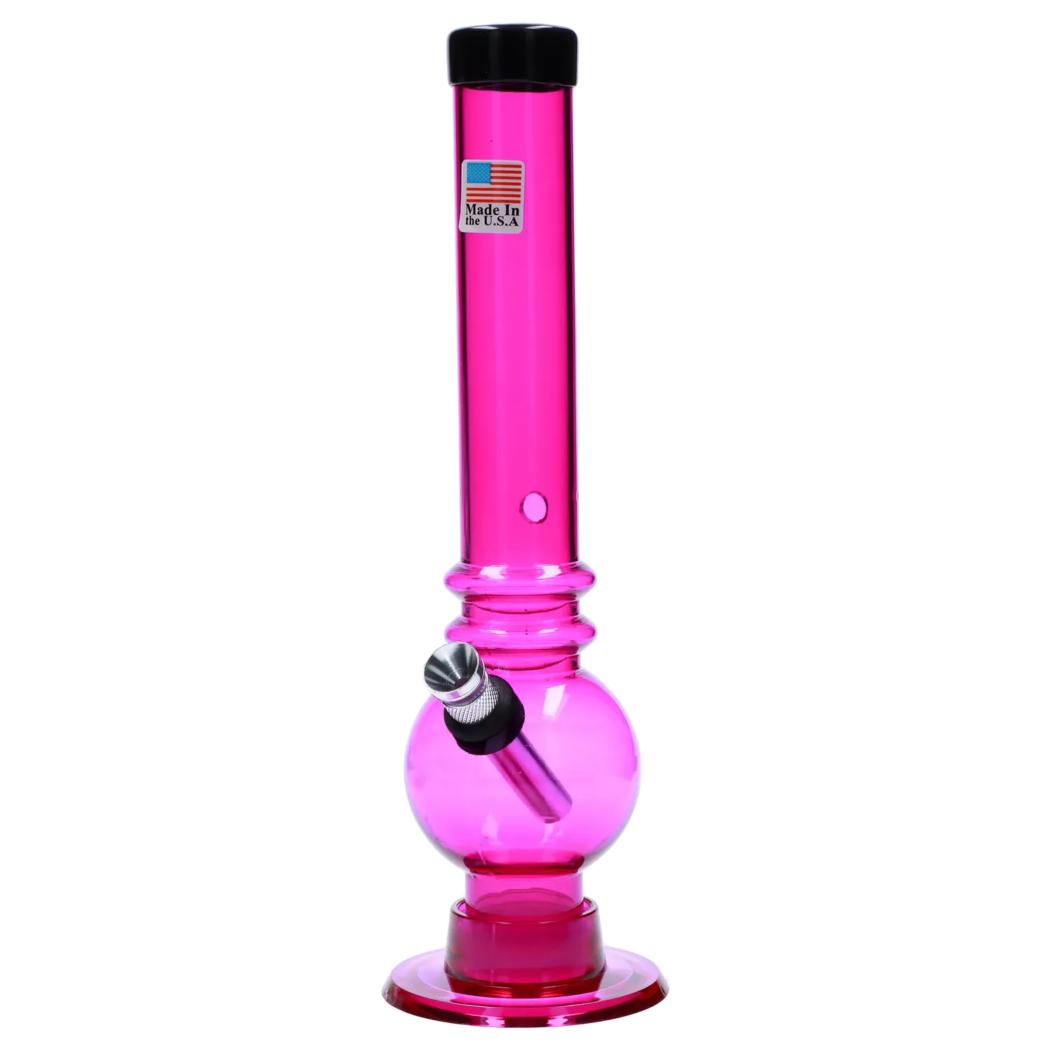 Front-facing view of the JM Plastics Bubble Base with Grip and Carb Hole Acrylic Bong - 8 in. in translucent pink, showing its straight neck, round bubble chamber, metal downstem and white background.