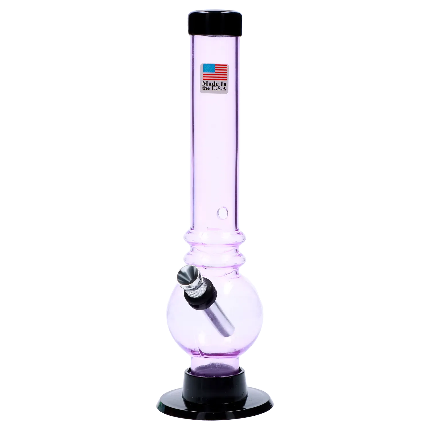 Vertical front view of the JM Plastics Bubble Base with Grip and Carb Hole Acrylic Bong - 8 in., shown in translucent purple with a black mouthpiece and base against a white background.