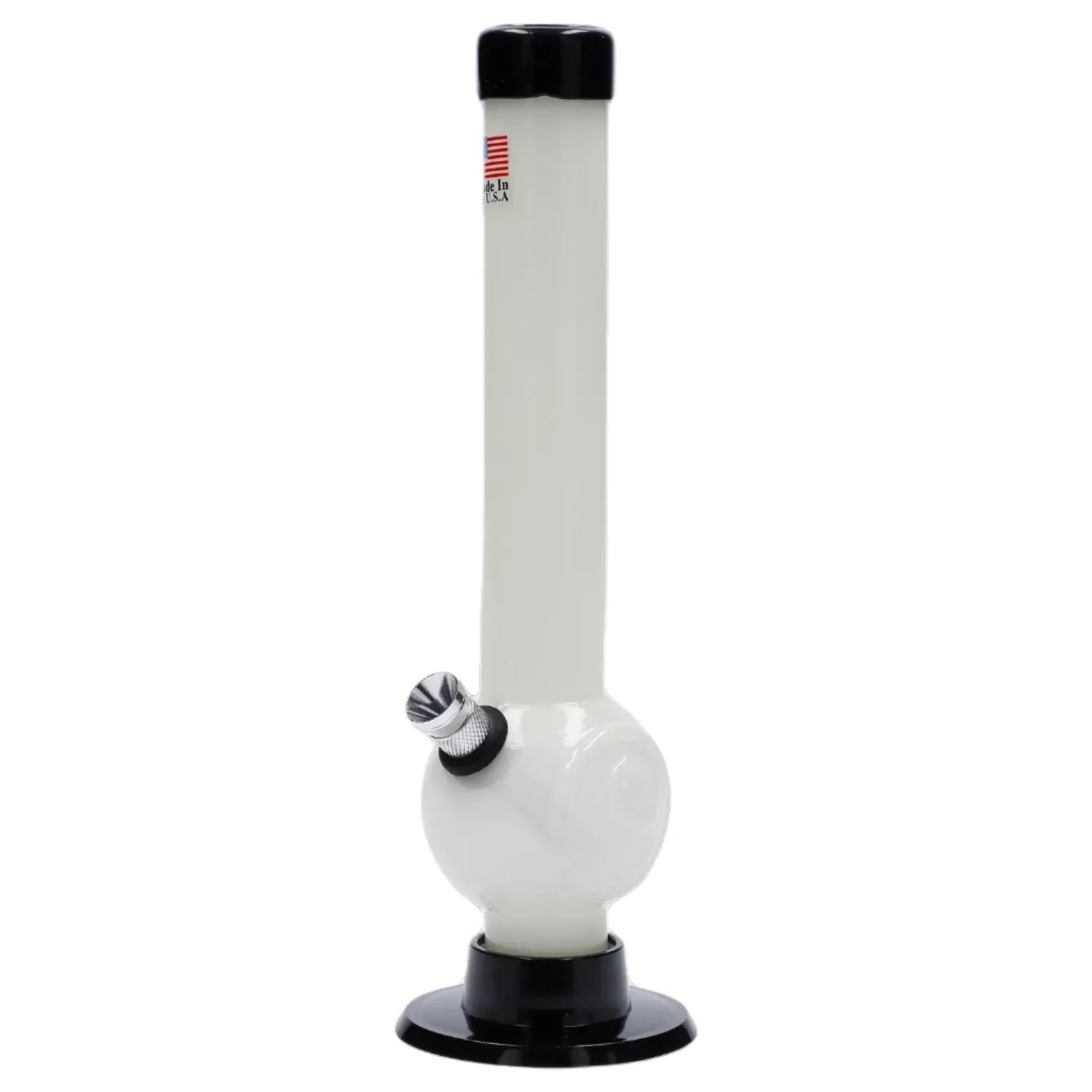 Front view of the JM Plastics Magic 8 Ball Base with Carb Hole Acrylic Bong - 8 in., shown in white with a black base and angled metal bowl against a plain white background