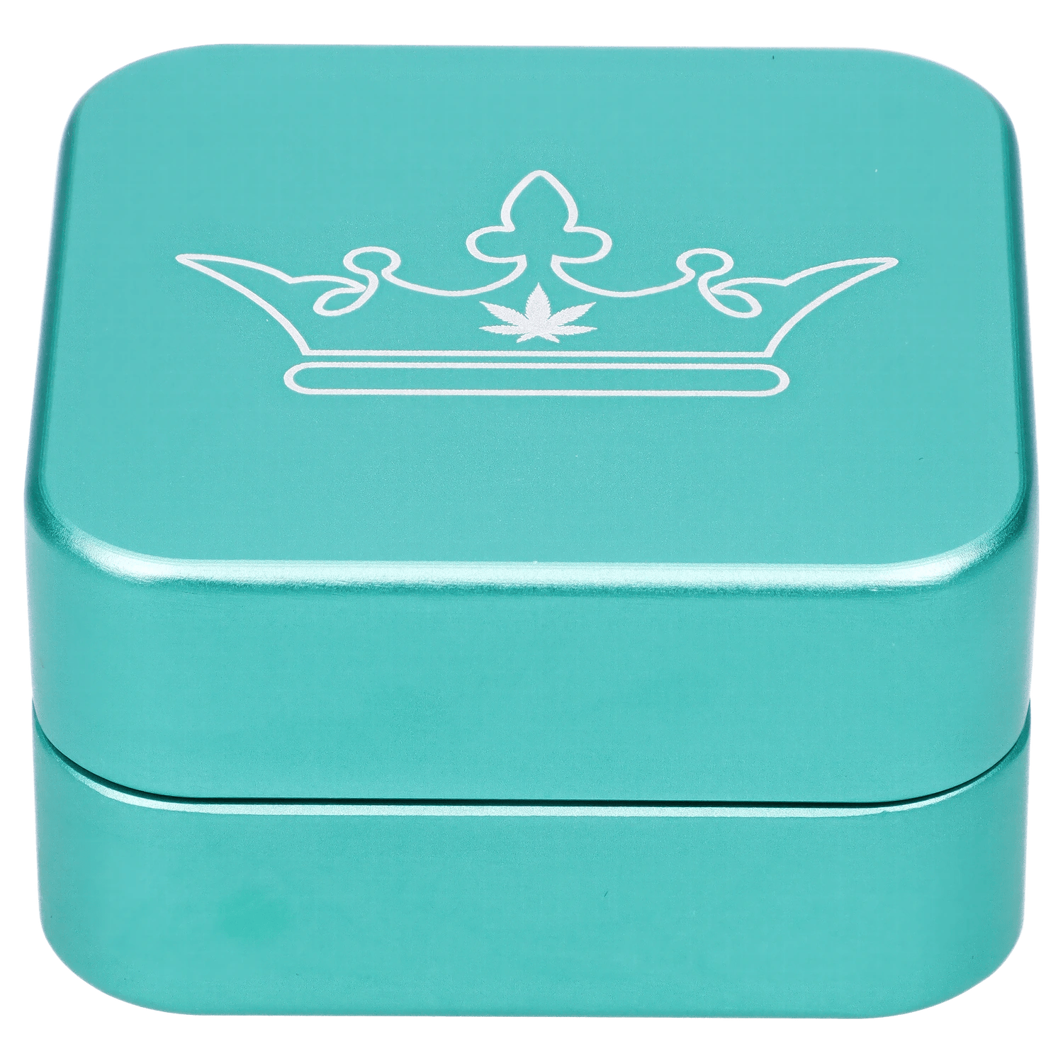 Top-down close-up of the teal QOB 2-Piece Grinder - 55mm showing a white crown-and-leaf logo stamped on the lid.