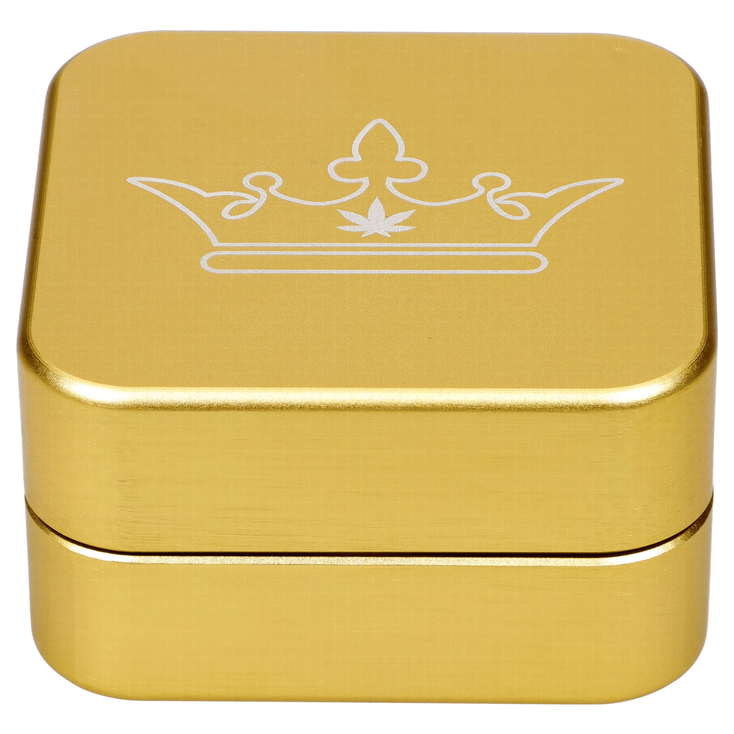 Close-up top view of the gold QOB 2-Piece Grinder - 55mm showing its square rounded lid with a white crown emblem.