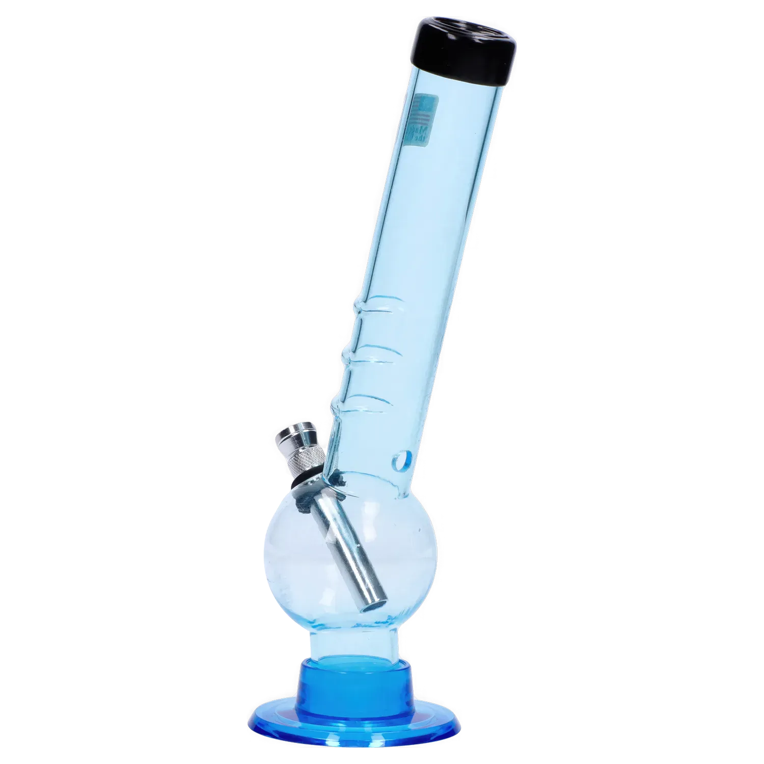 Angled side view of the JM Plastics Bent Neck with Grip and Carb Hole Acrylic Bong - 8 in., shown in translucent blue with a black mouthpiece and metal downstem.