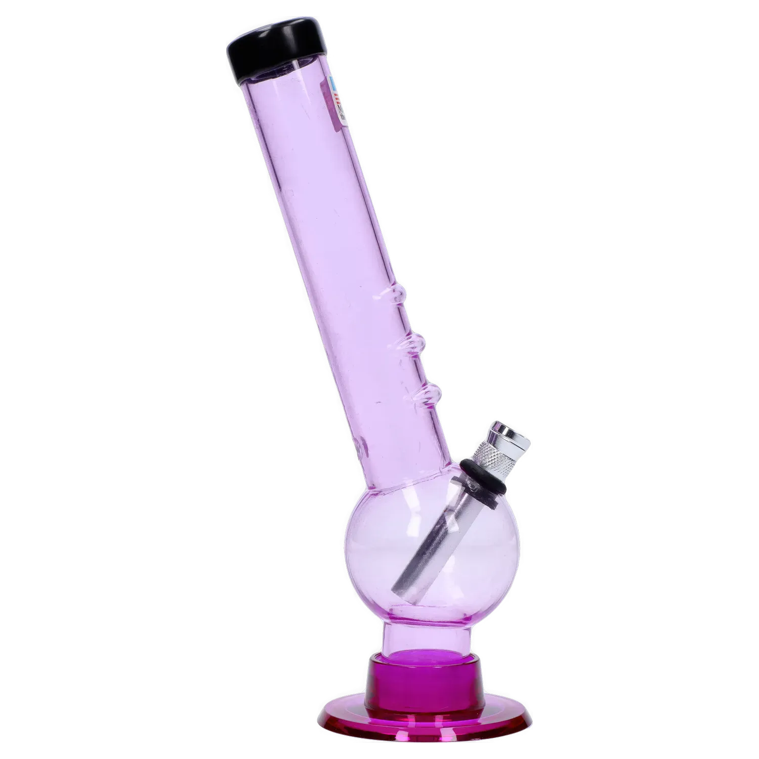 Angled front view of the purple JM Plastics Bent Neck with Grip and Carb Hole Acrylic Bong - 8 in., showing its tilted tube, bulbous base, metal downstem, and grip knobs.